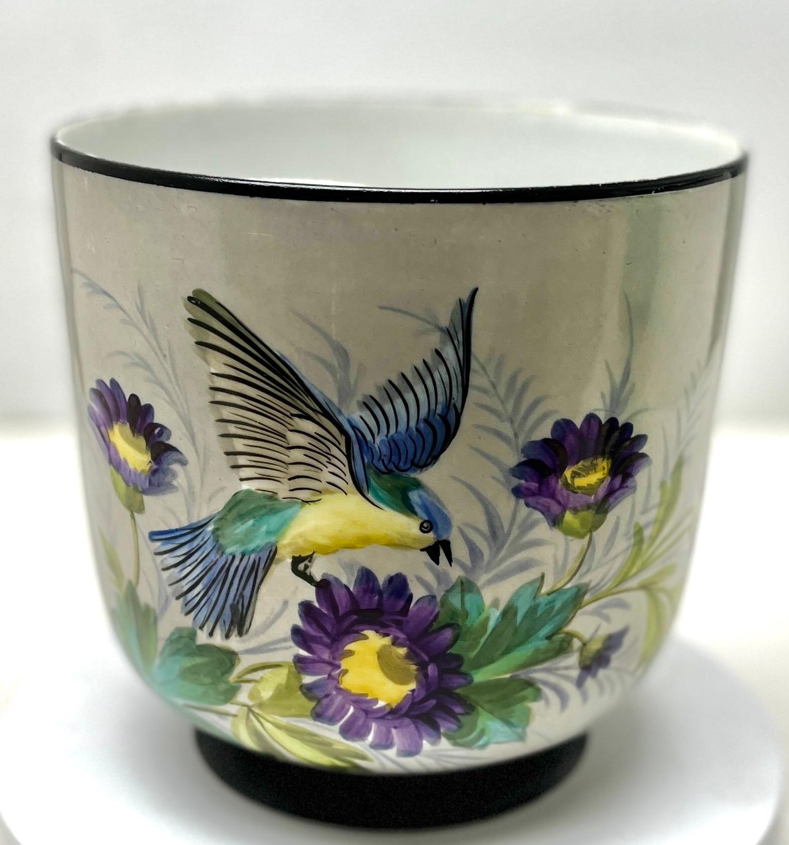 Hand-Crafted Porcelain Planter, Cachepot Hand-Painted Whit Bird and Flowers