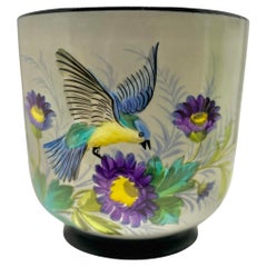 Porcelain Planter, Cachepot Hand-Painted Whit Bird and Flowers