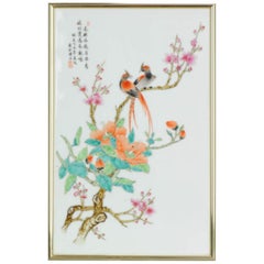 Porcelain Plaque Birds in a Garden, Peoples Republic of China Made Calligraphy