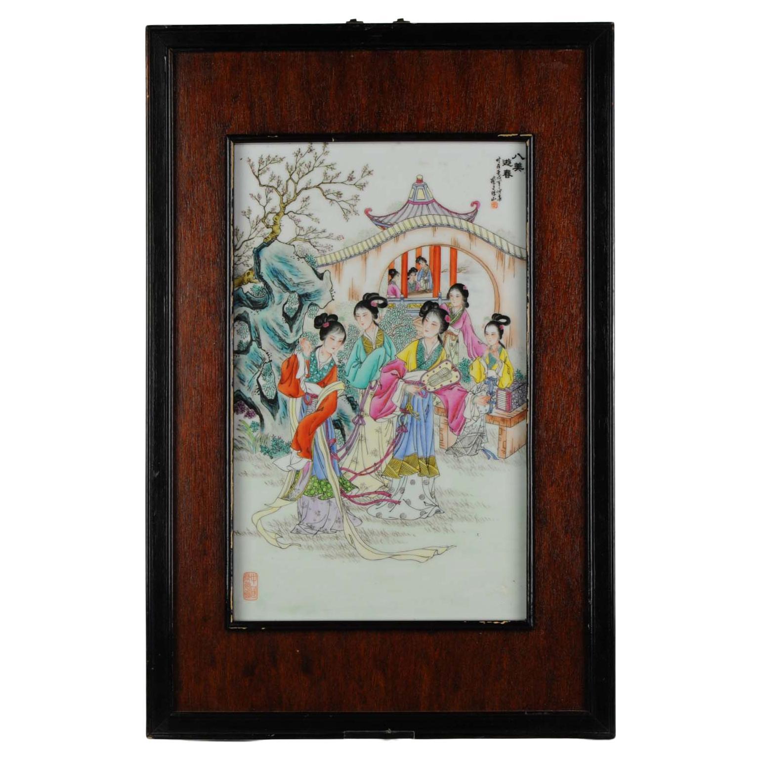 Porcelain Plaque Ladies in a Garden Painting of China, 1970'S / 80s Marked For Sale