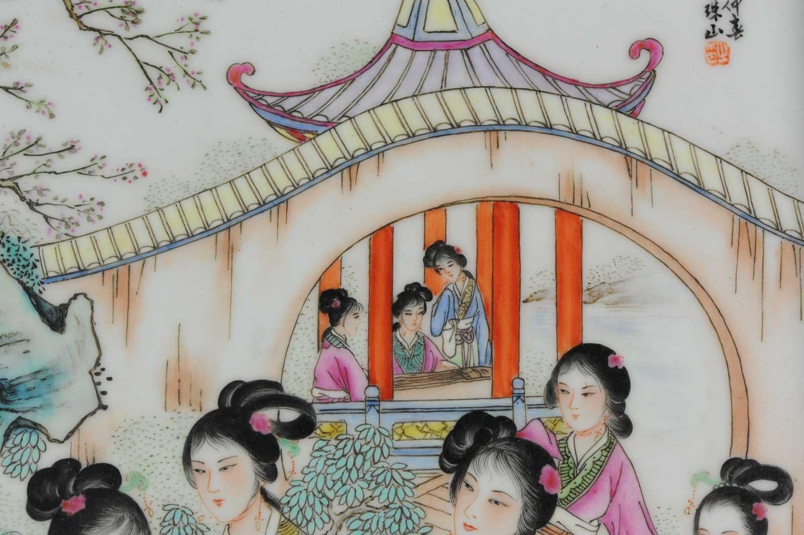Porcelain Plaque Ladies in a Garden, Peoples Republic of China Made in 1970s For Sale 4