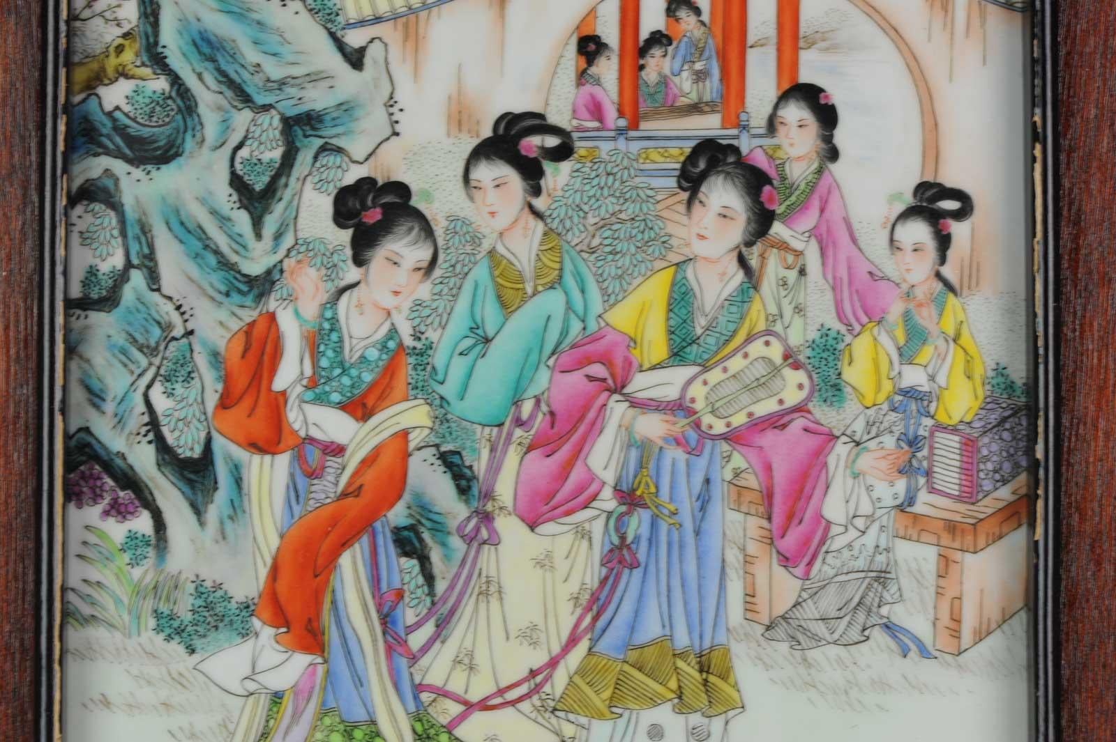Porcelain Plaque Ladies in a Garden, Peoples Republic of China Made in 1970s For Sale 3