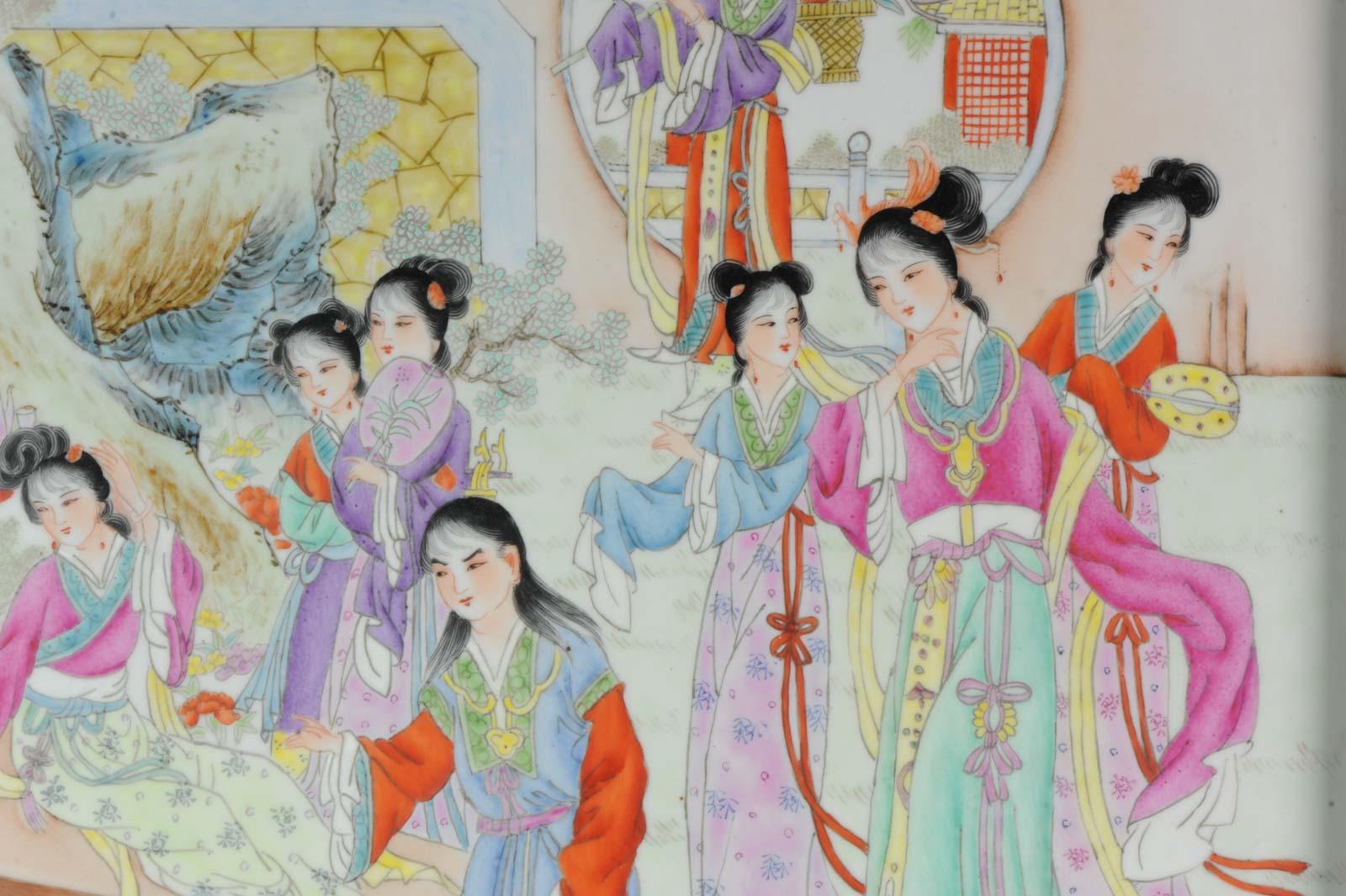 20th Century Porcelain Plaque Ladies in a Garden, Peoples Republic of China Made in 1982 For Sale