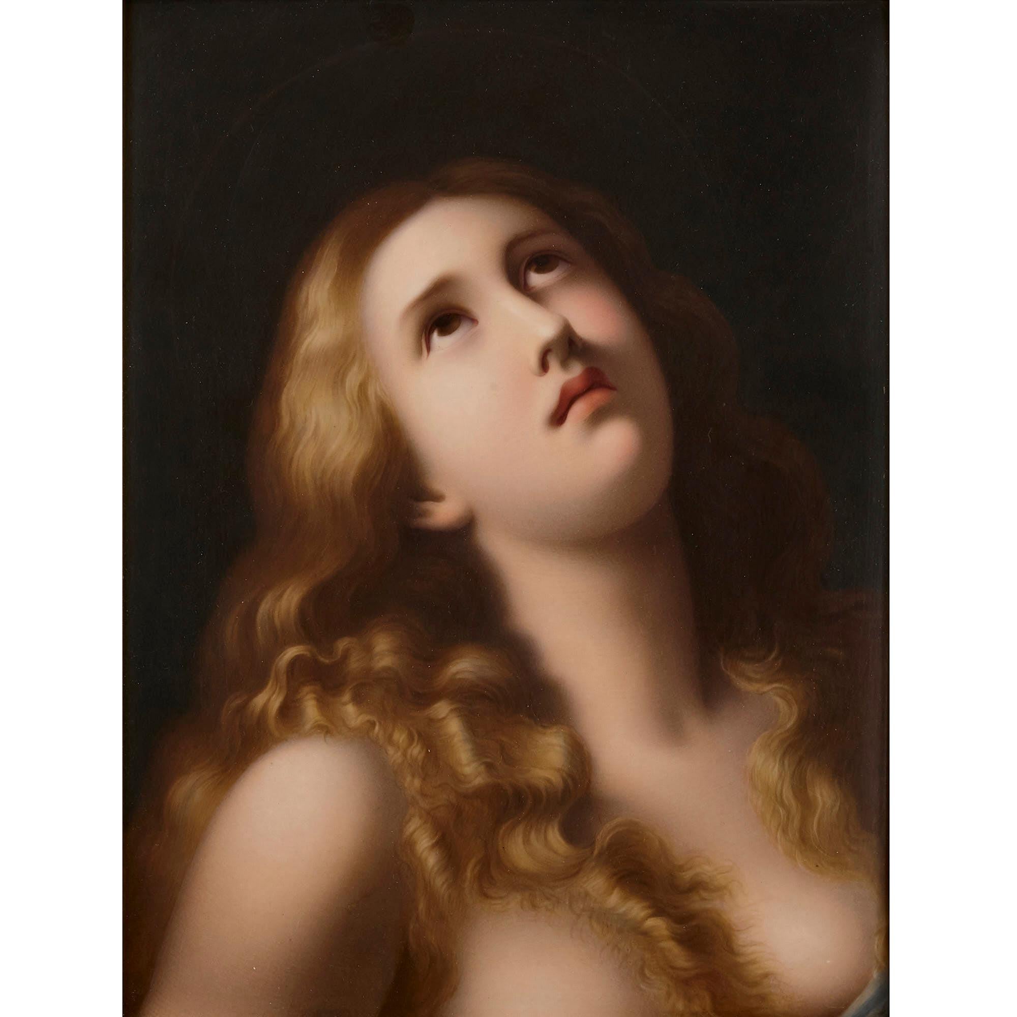 Porcelain plaque painted with Mary Magdalene by K.P.M.
German, circa 1900
Measures: Frame: Height 32.5cm, width 26.5cm, depth 3cm
Plaque: Height 25.5cm, width 19cm, depth 0.5cm

This magnificent porcelain plaque, the porcelain by the important