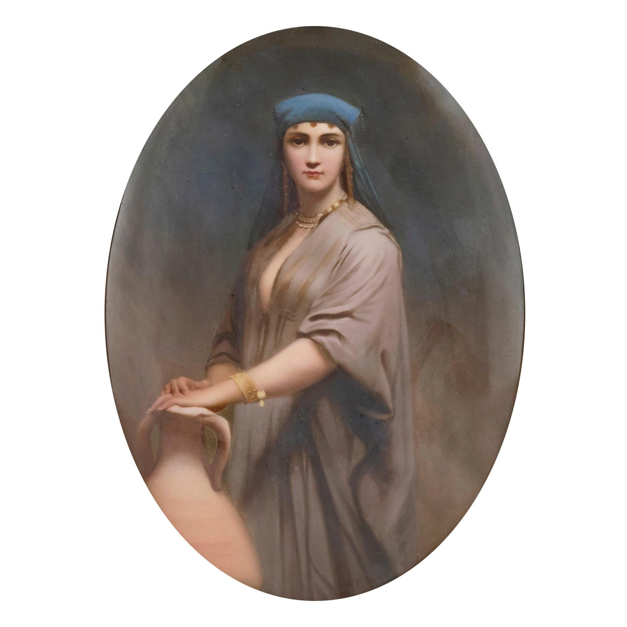 Porcelain plaque painted with Orientalist figure by K.P.M.
German, circa 1900
Measures: Frame: Height 38cm, width 32cm, depth 6cm
Plaque: Height 22cm, width 17cm, depth 0.5cm

This superb porcelain plaque by the German maker KPM is painted with