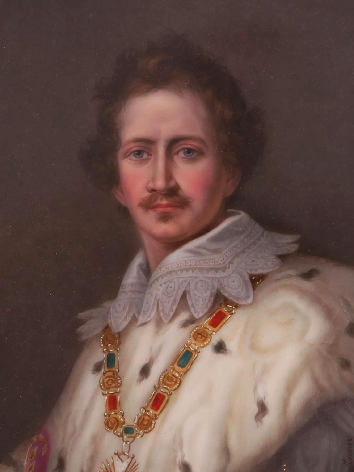Our porcelain plaques in gilt bronze frames by Franz Xaver Thallmaier (German, active 1890-1910) depict Ludwig I (or Louis I) of Bavaria (1786-1868) and Countess van Arco-Steppberg, aka Marchesa Anna d'Androgna Pallavicini (1840-1922), after the
