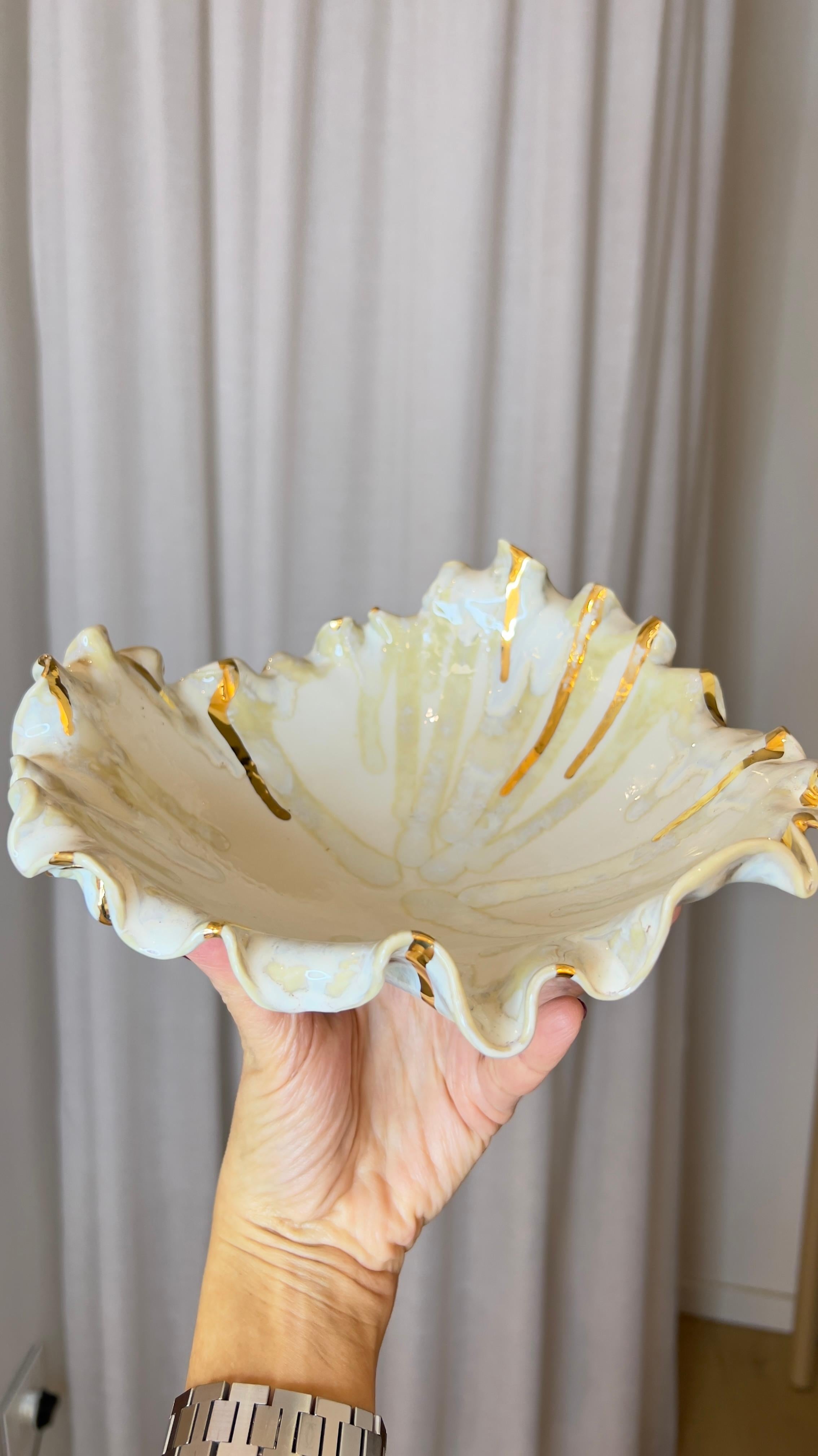 This is a numbered piece in fine porcelain designed and hand built by artist - designer Hania Jneid. Unique piece hand glazed and ornamented in Gold lustre. It is functional as well as sculptural. It is an value added to any space as a sculptural