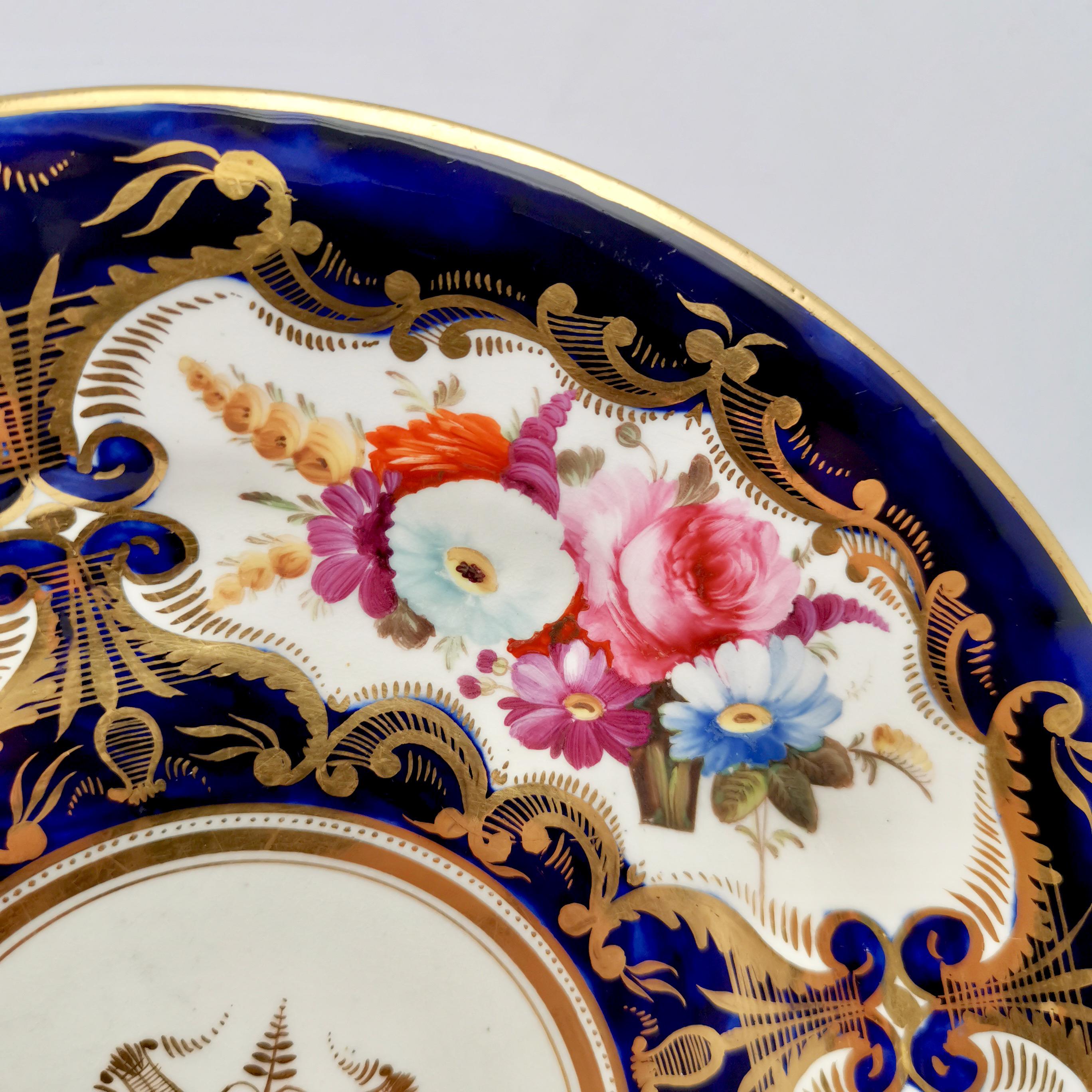 English Porcelain Plate Coalport, Birds, Flowers, Cobalt Blue Patt. 759, Regency ca 1815