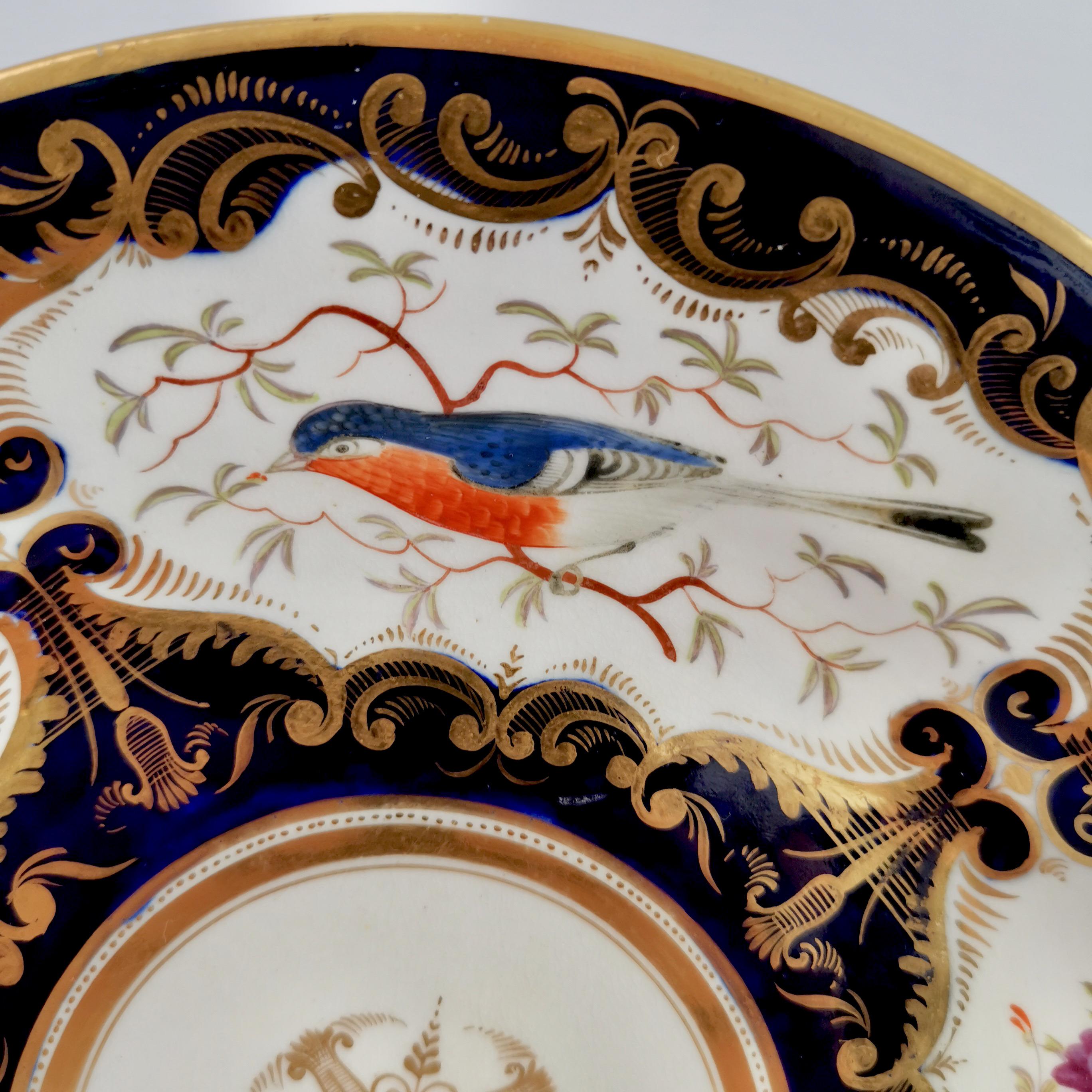 This is a beautiful plate made by Coalport around 1815. The plate bears the famous and very wonderful bird pattern with the number 759. Panels with stunning hand painted birds are set in a cobalt blue background with rich gilt decoration. 
