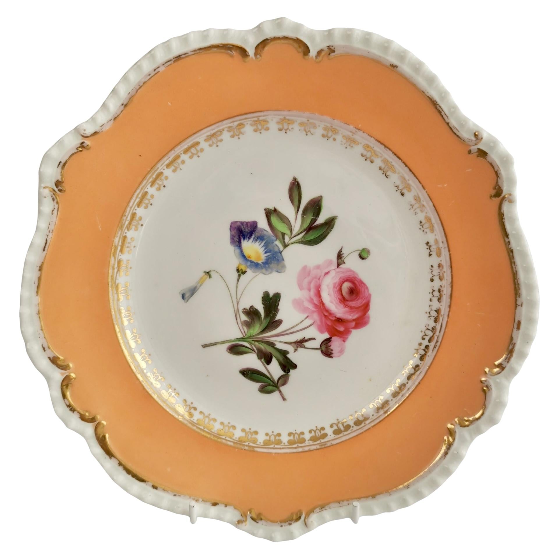 Porcelain Plate Coalport, Peach with Flowers, Regency 1820-1825