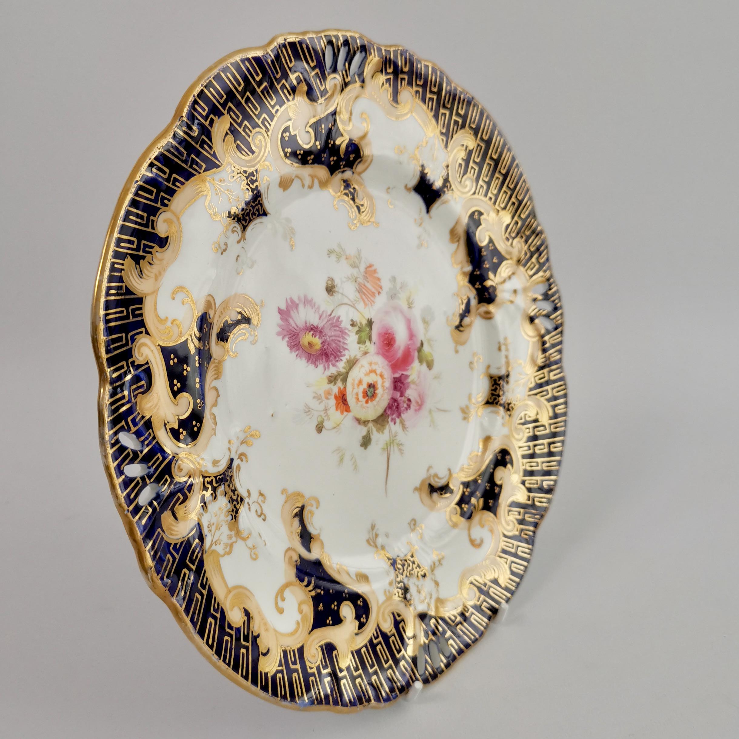 Porcelain Plate, Samuel Alcock, Cobalt Blue, Flowers, Rococo Revival ca 1845 '2' 3