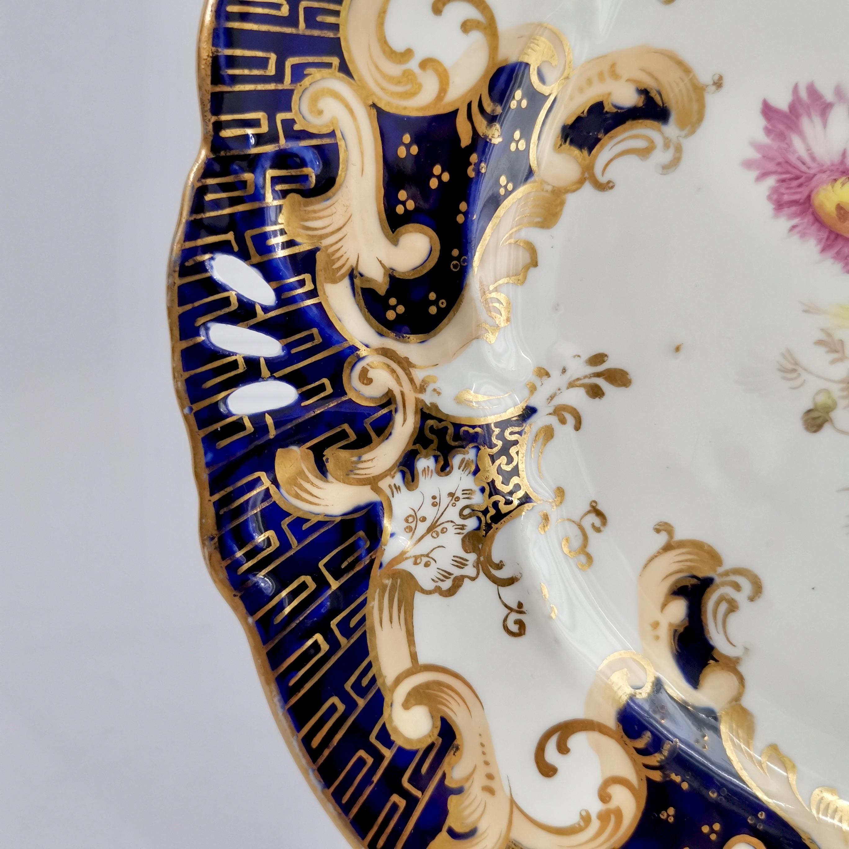 English Porcelain Plate, Samuel Alcock, Cobalt Blue, Flowers, Rococo Revival ca 1845 '2'