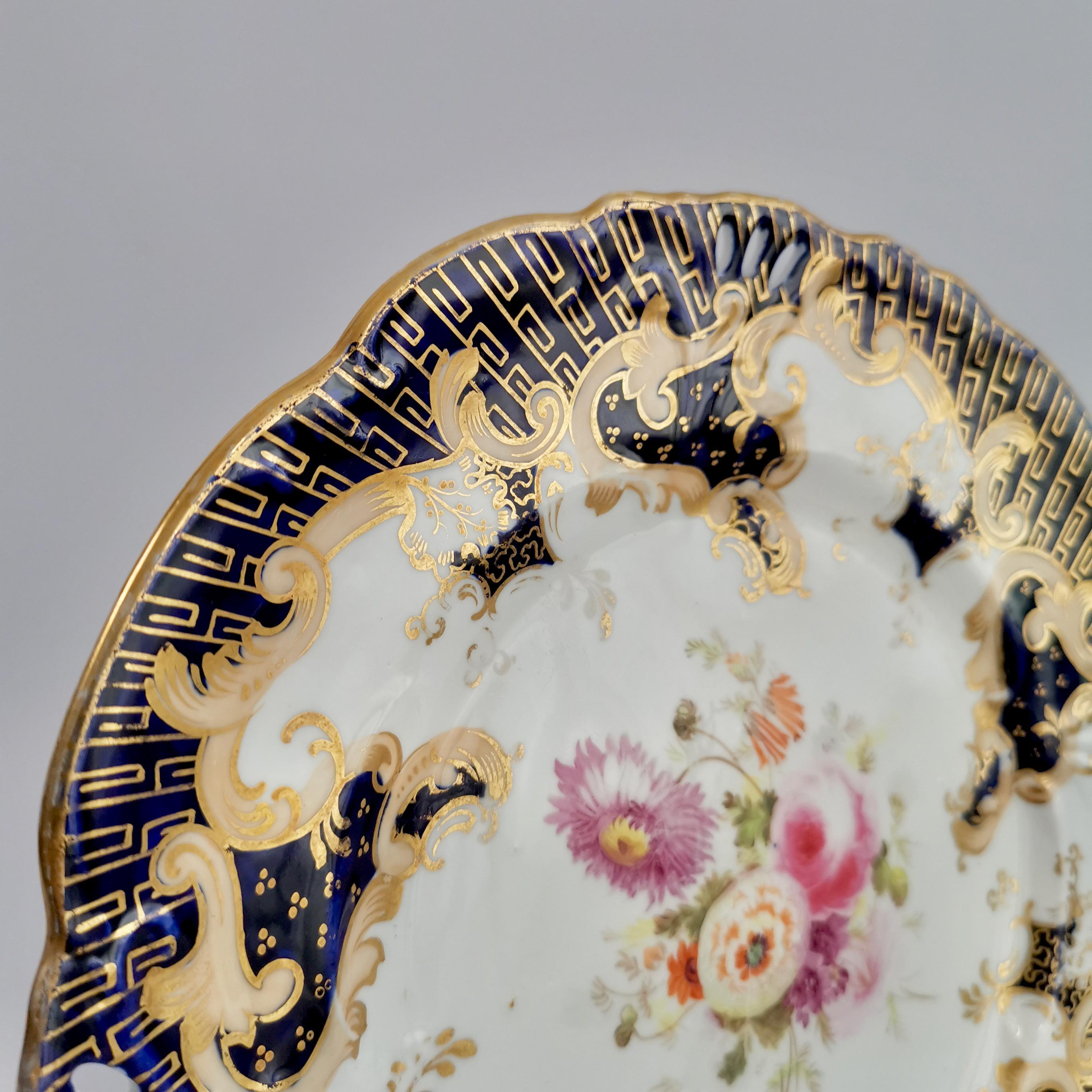 Hand-Painted Porcelain Plate, Samuel Alcock, Cobalt Blue, Flowers, Rococo Revival ca 1845 '2'