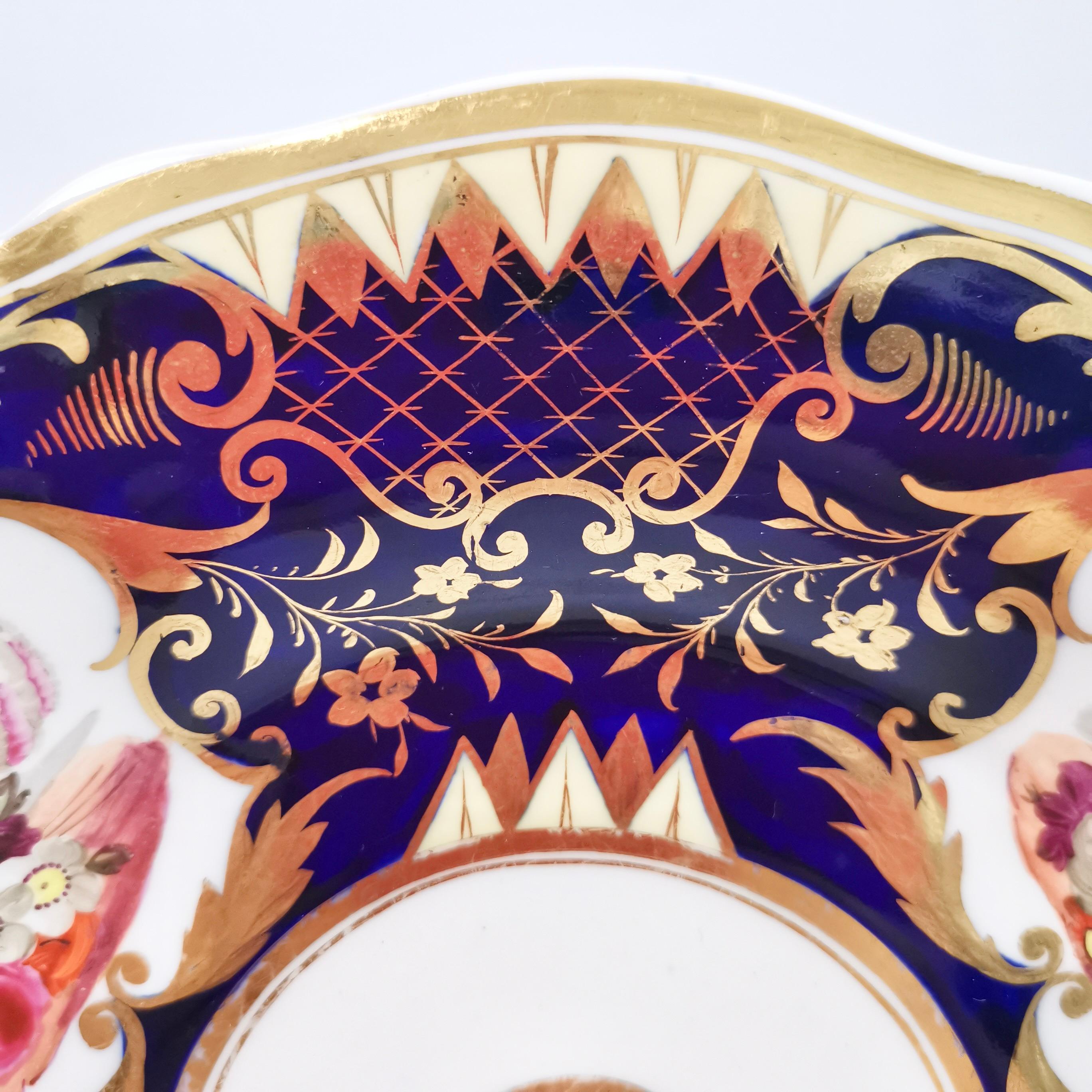 English Porcelain Plate Yates, Cobalt Blue with Gilt and Flowers, Regency ca 1826
