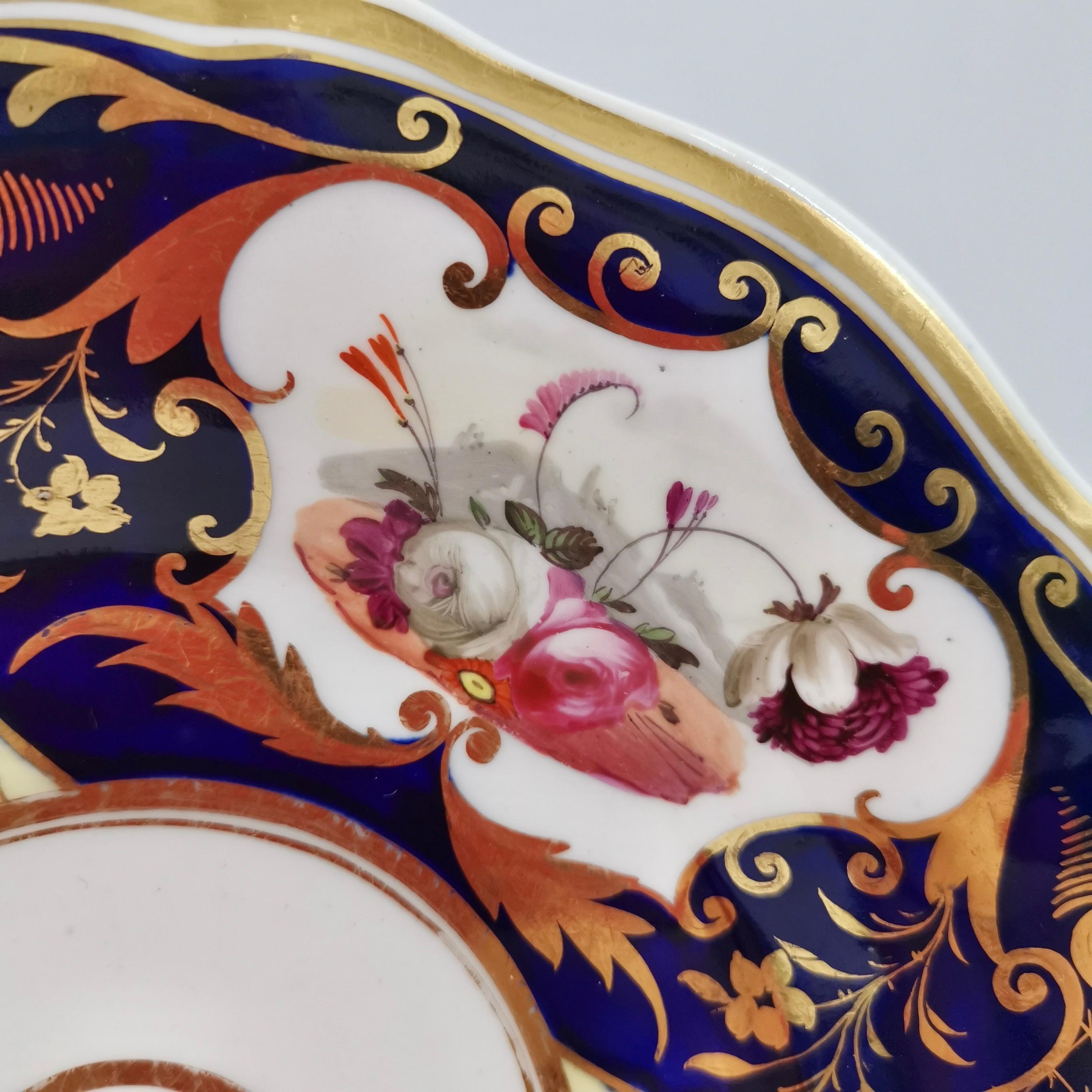 Hand-Painted Porcelain Plate Yates, Cobalt Blue with Gilt and Flowers, Regency ca 1826