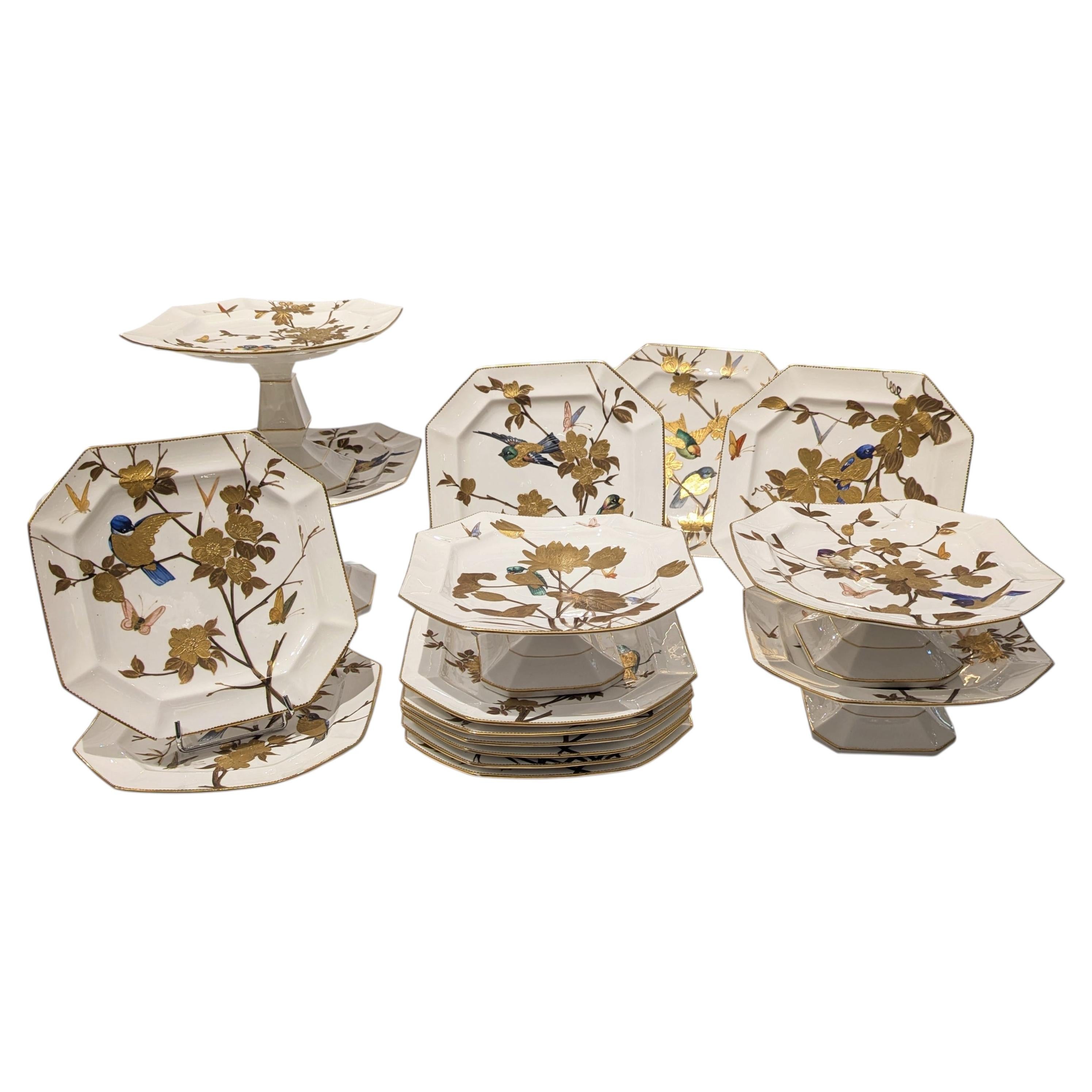 Porcelain plates and fruit bowls with birds and flowers, Aesthetic Movement