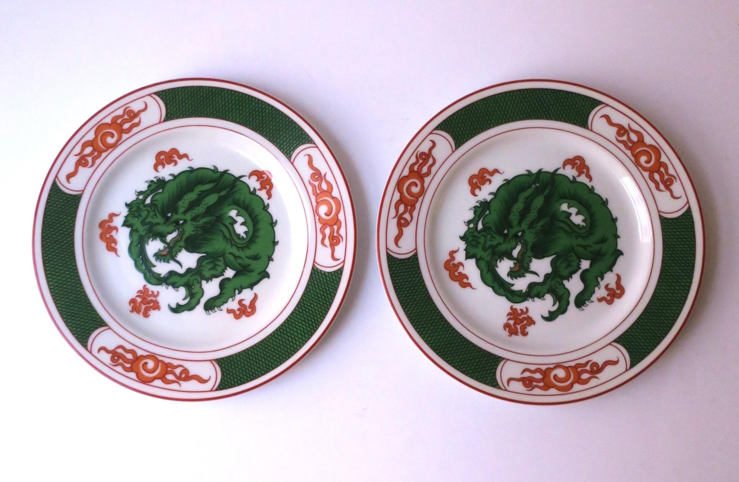 Glazed Porcelain Plates with Dragon Design, Set of 2 For Sale