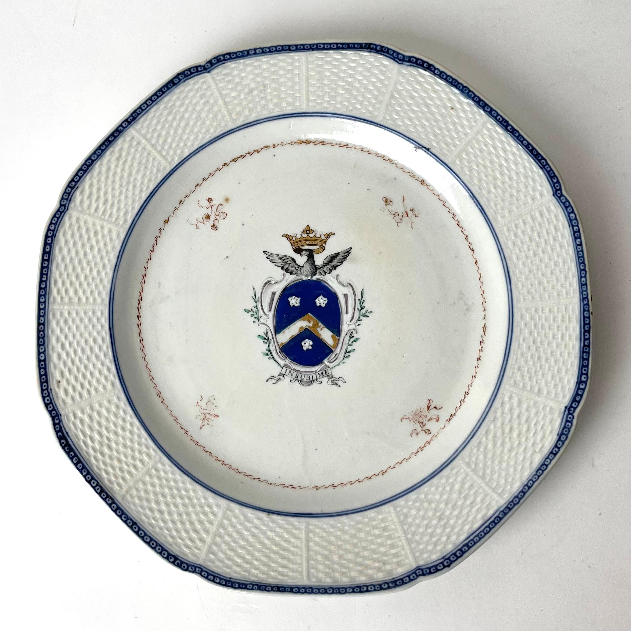 Porcelain Platter with Noble Crest with Crown, 18th Century China

A beautiful Chinese porcelain platter with blue edges and elaborate red decor. Features crest of European noble family; escutcheon with chevron pattern of azure and or (blue and
