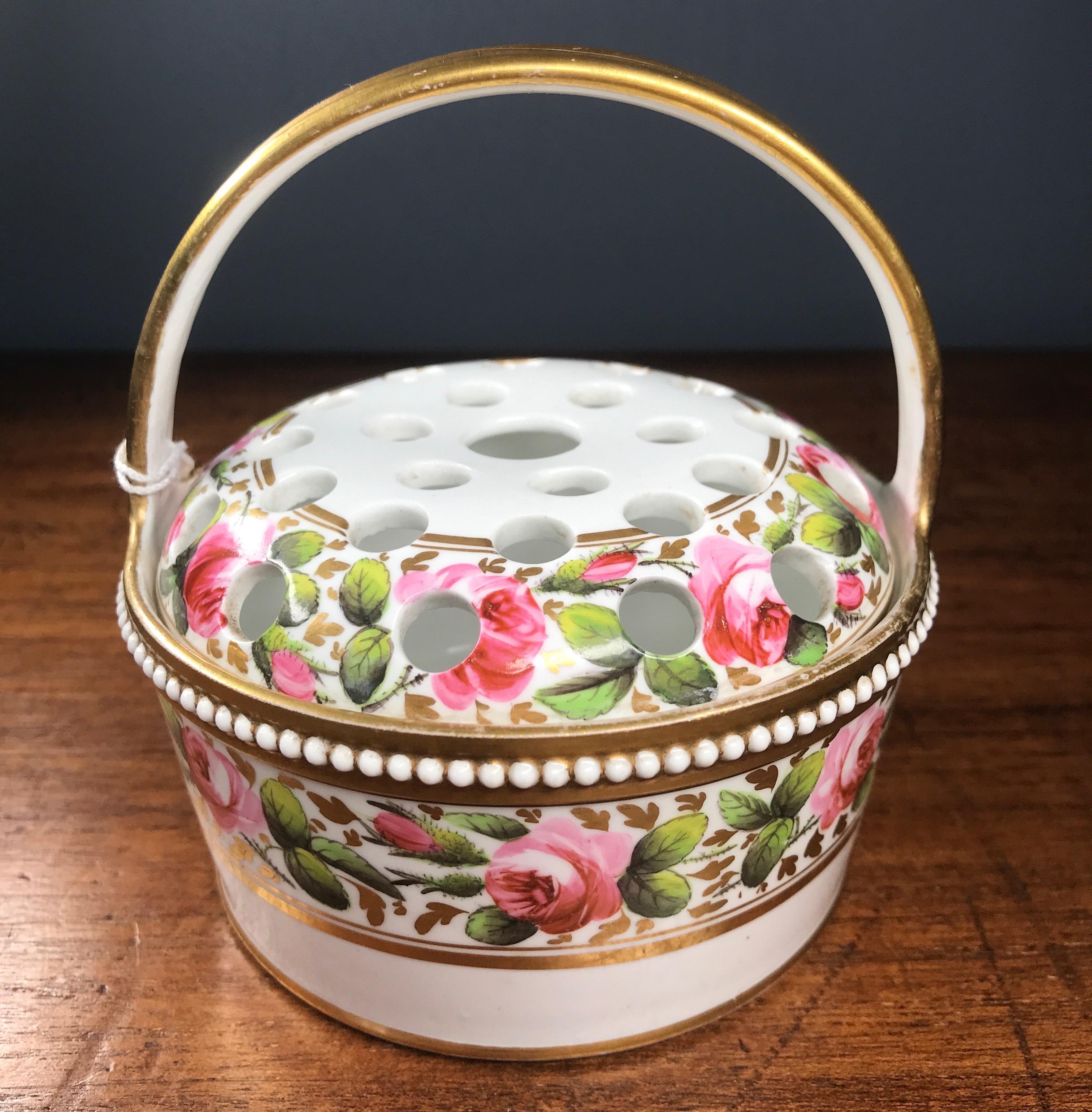 Gilt Porcelain Potpourri Basket Painted with Roses, Attr. Davenport, c. 1830 For Sale