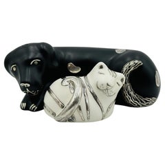 Porcelain & Pure Silver Salt & Pepper Shakers "Cat & Dog" By Emilia Castillo