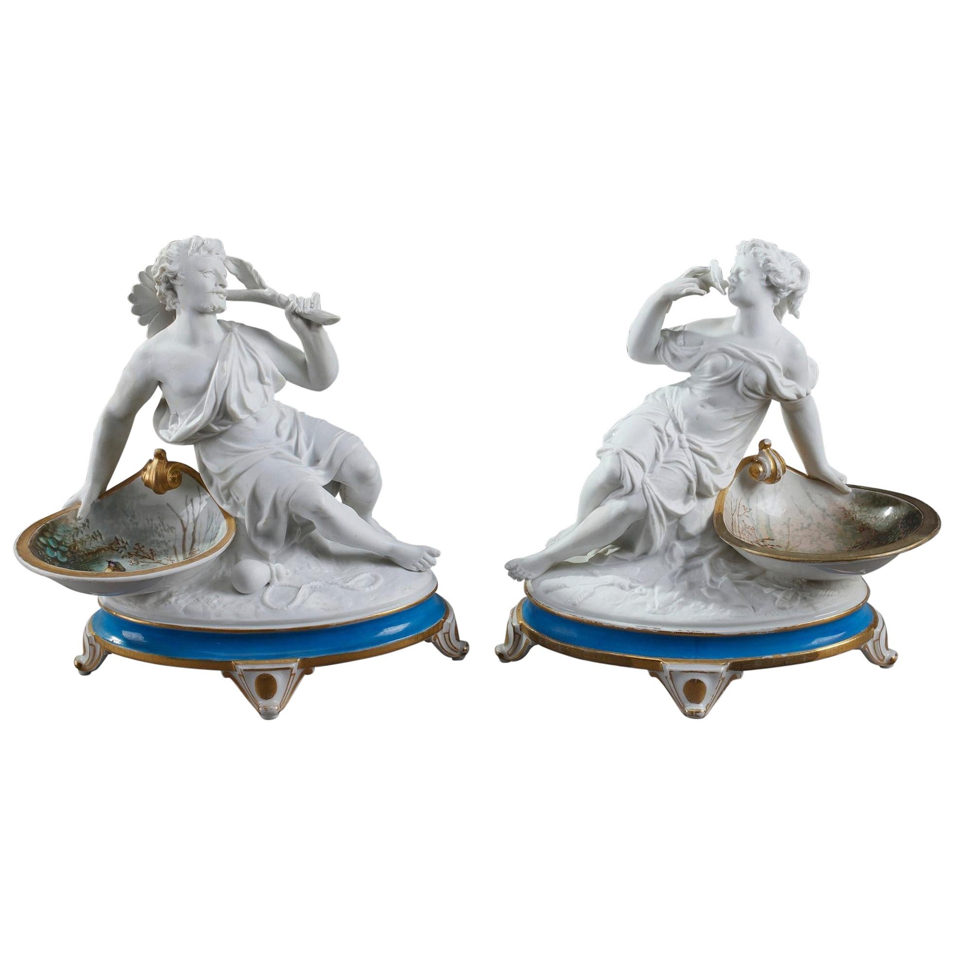 Porcelain Ring Holders with Bisque Figurines and Birds Decoration