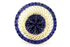 Porcelain ring set in blue & cream w/ gilded silver circular base