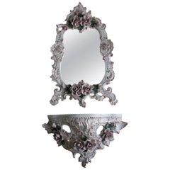 Vintage Porcelain Rococo Wall Console with a Hanging Mirror