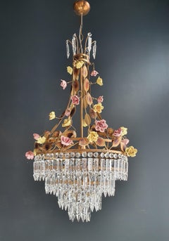 Lampadario in porcellana rosa cristallo antico cesto oro Art Nouveau