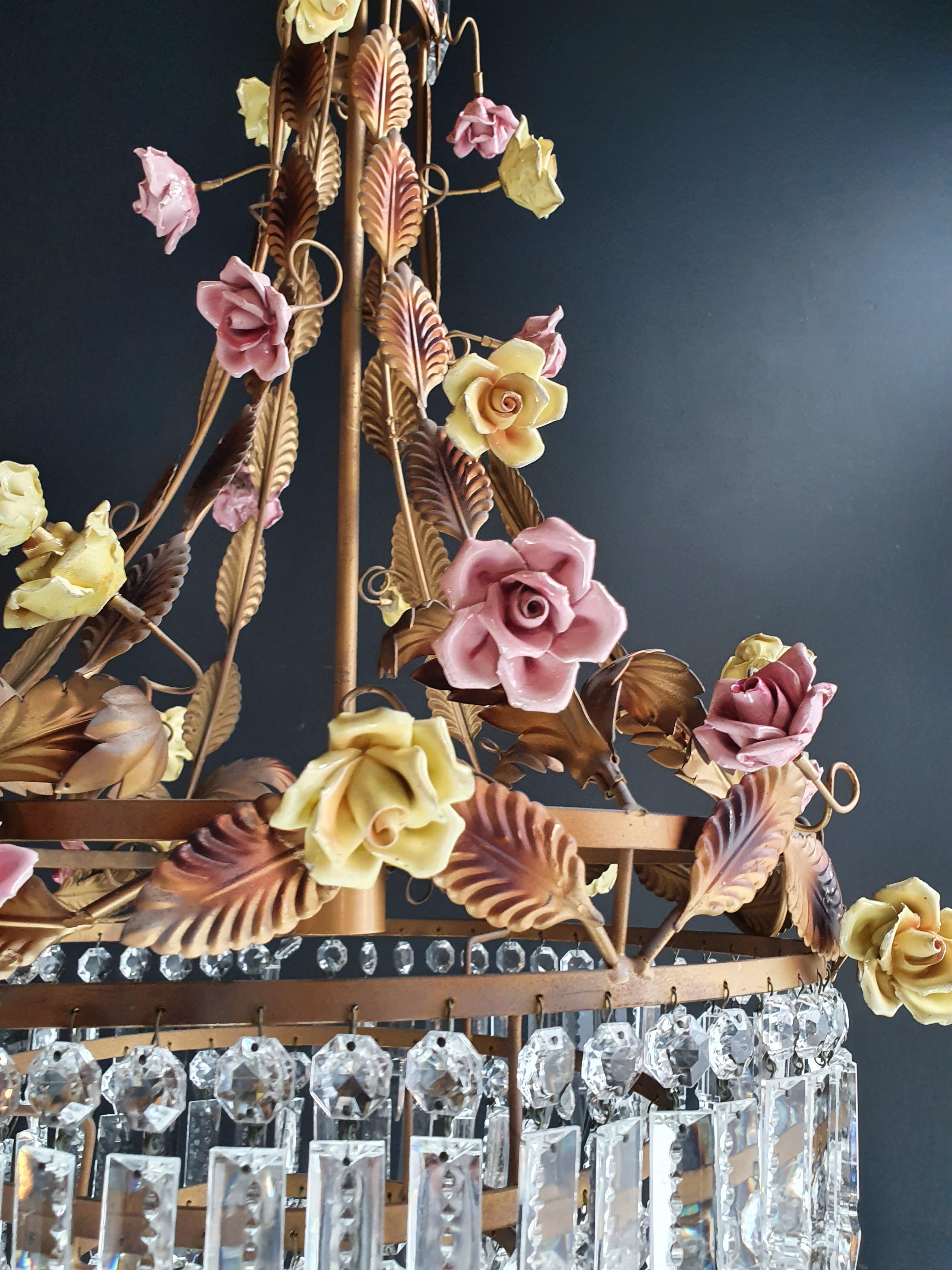 Porzellan Rose Kristall Antiker Korb Gold Kronleuchter Jugendstil (Europäisch) im Angebot