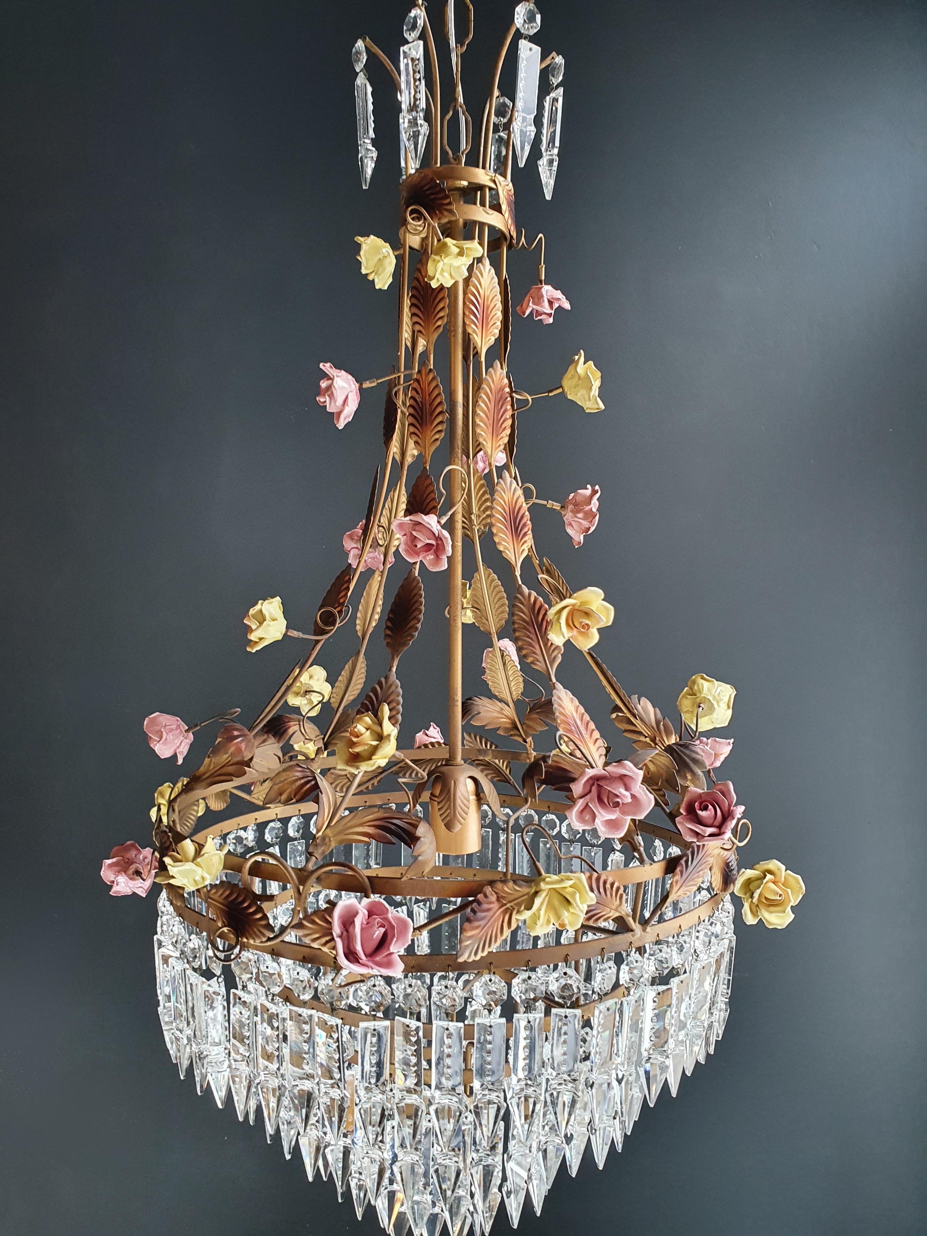 Hand-Knotted Porcelain Rose Crystal Antique Basket Gold Chandelier Art Nouveau For Sale