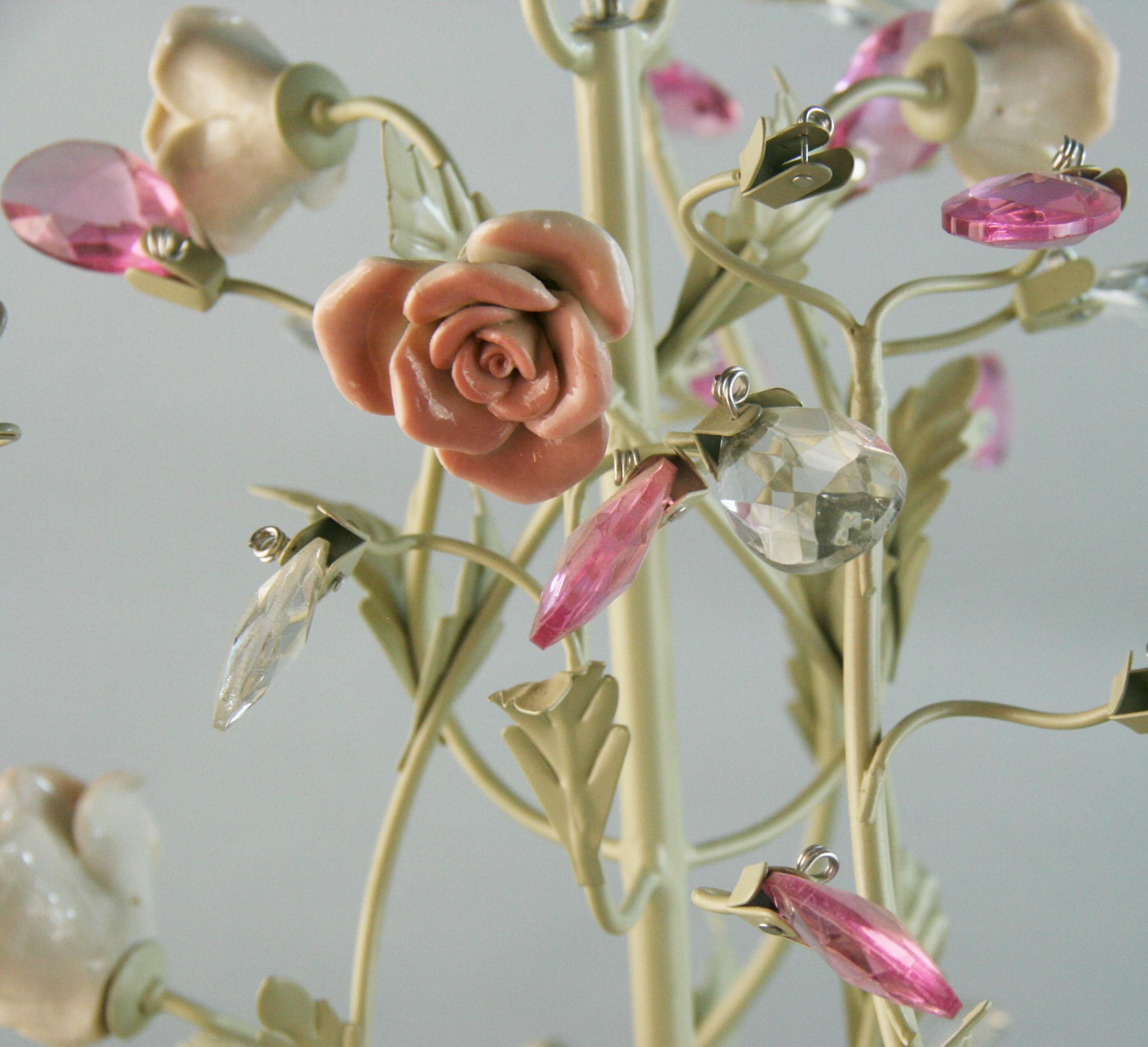 Porcelain Roses and Crystal Flowers Six Light Chandelier 6