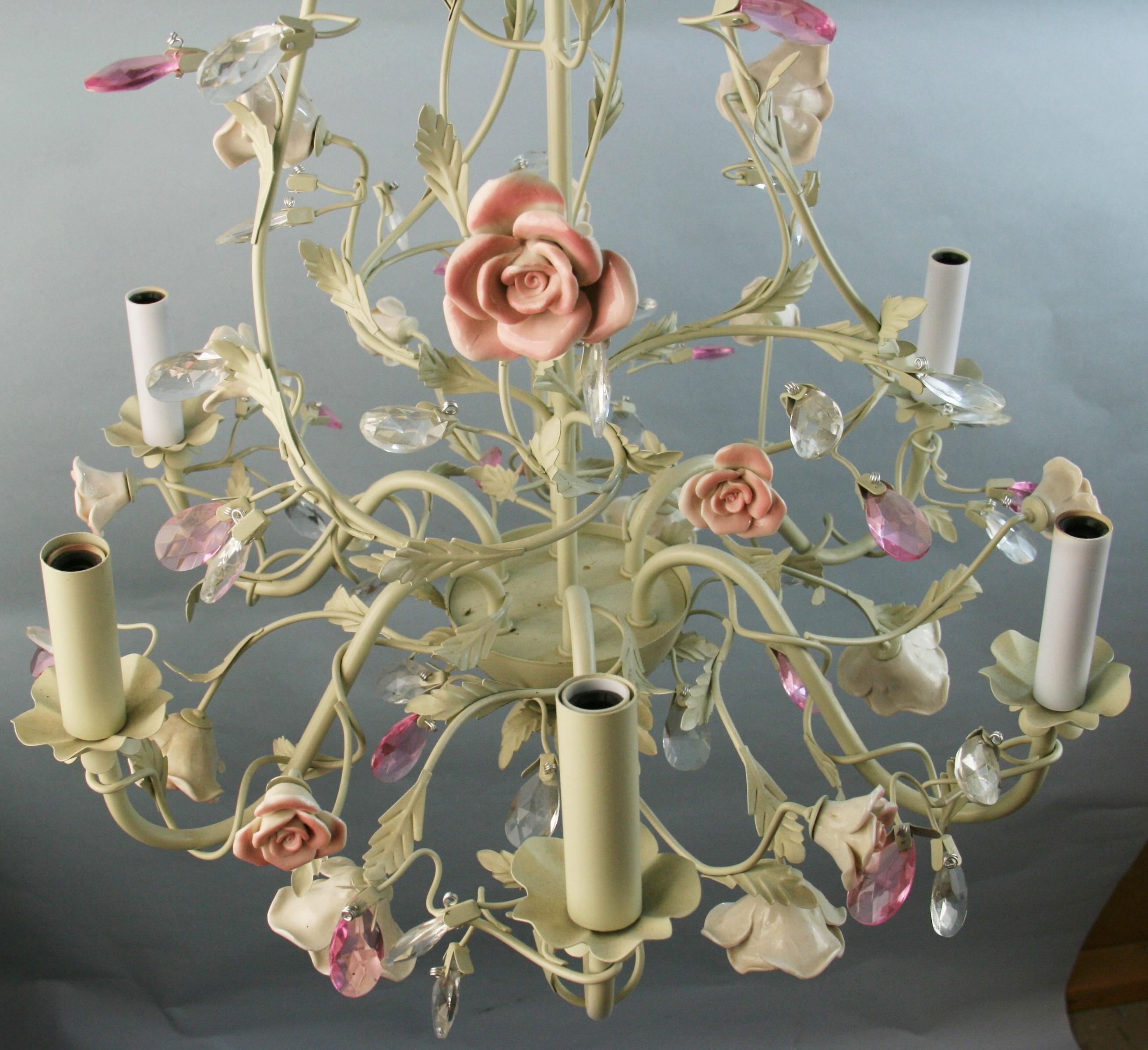 Porcelain Roses and Crystal Flowers Six Light Chandelier 7