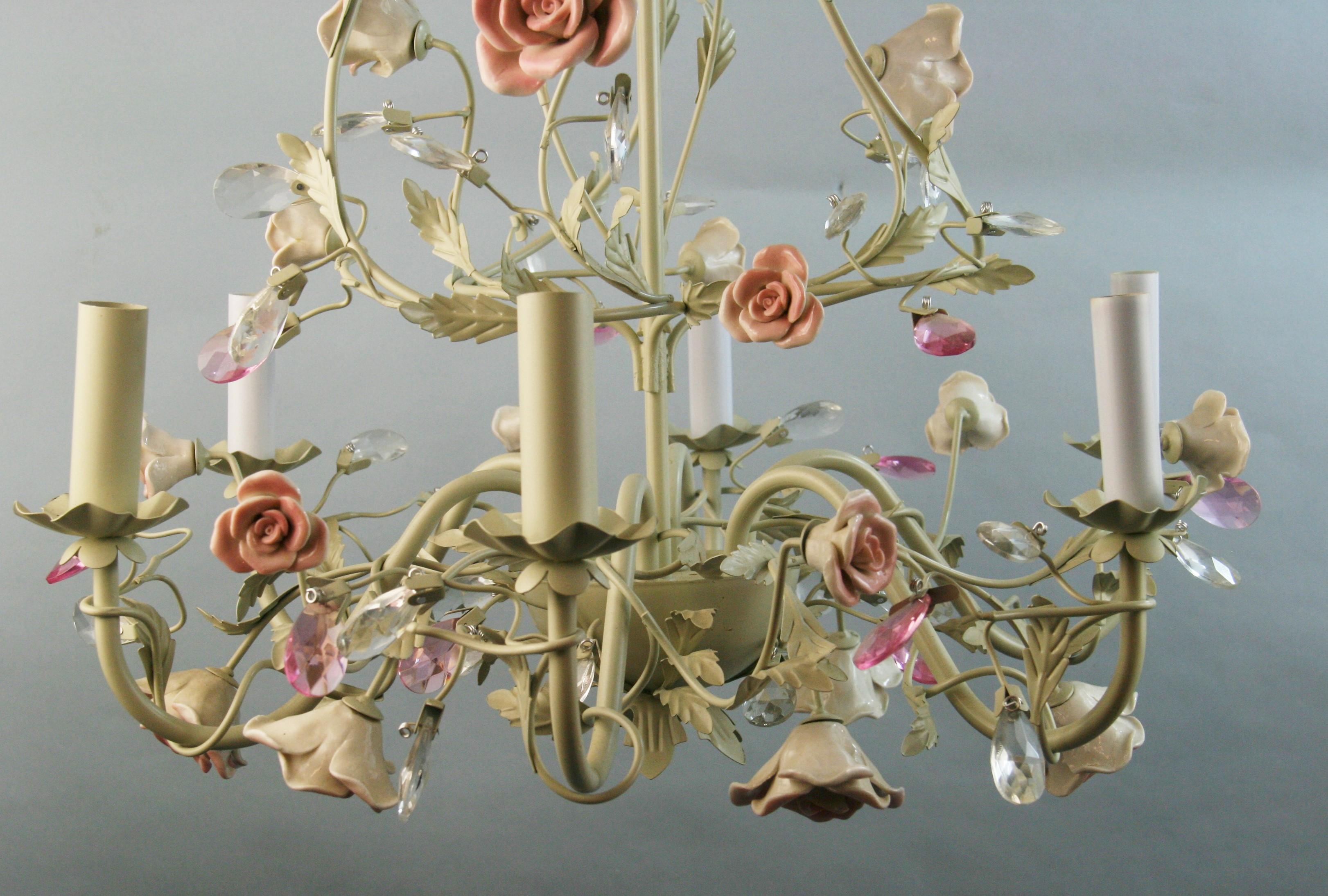 Porcelain Roses and Crystal Flowers Six Light Chandelier In Good Condition In Douglas Manor, NY