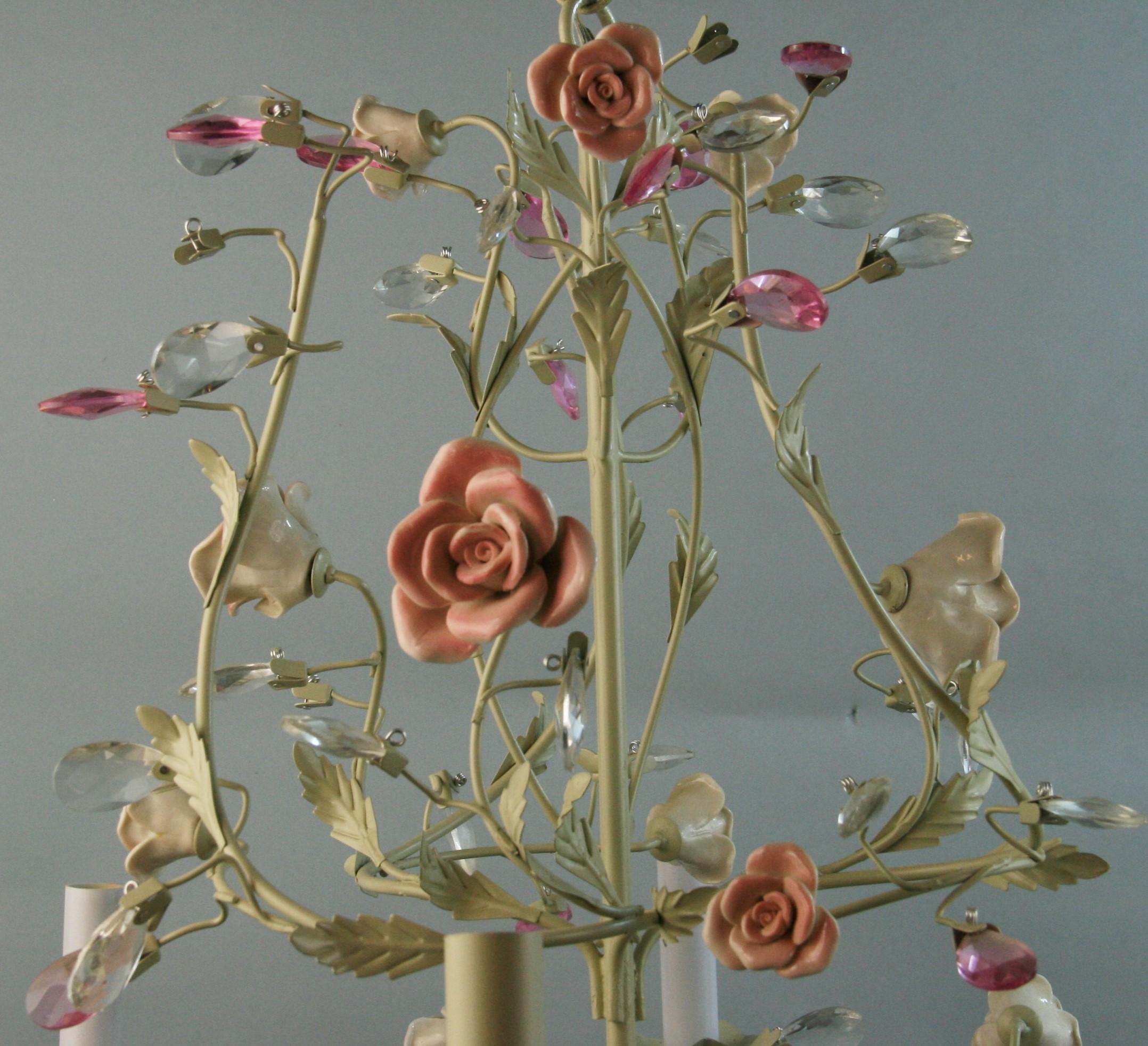 Late 20th Century Porcelain Roses and Crystal Flowers Six Light Chandelier
