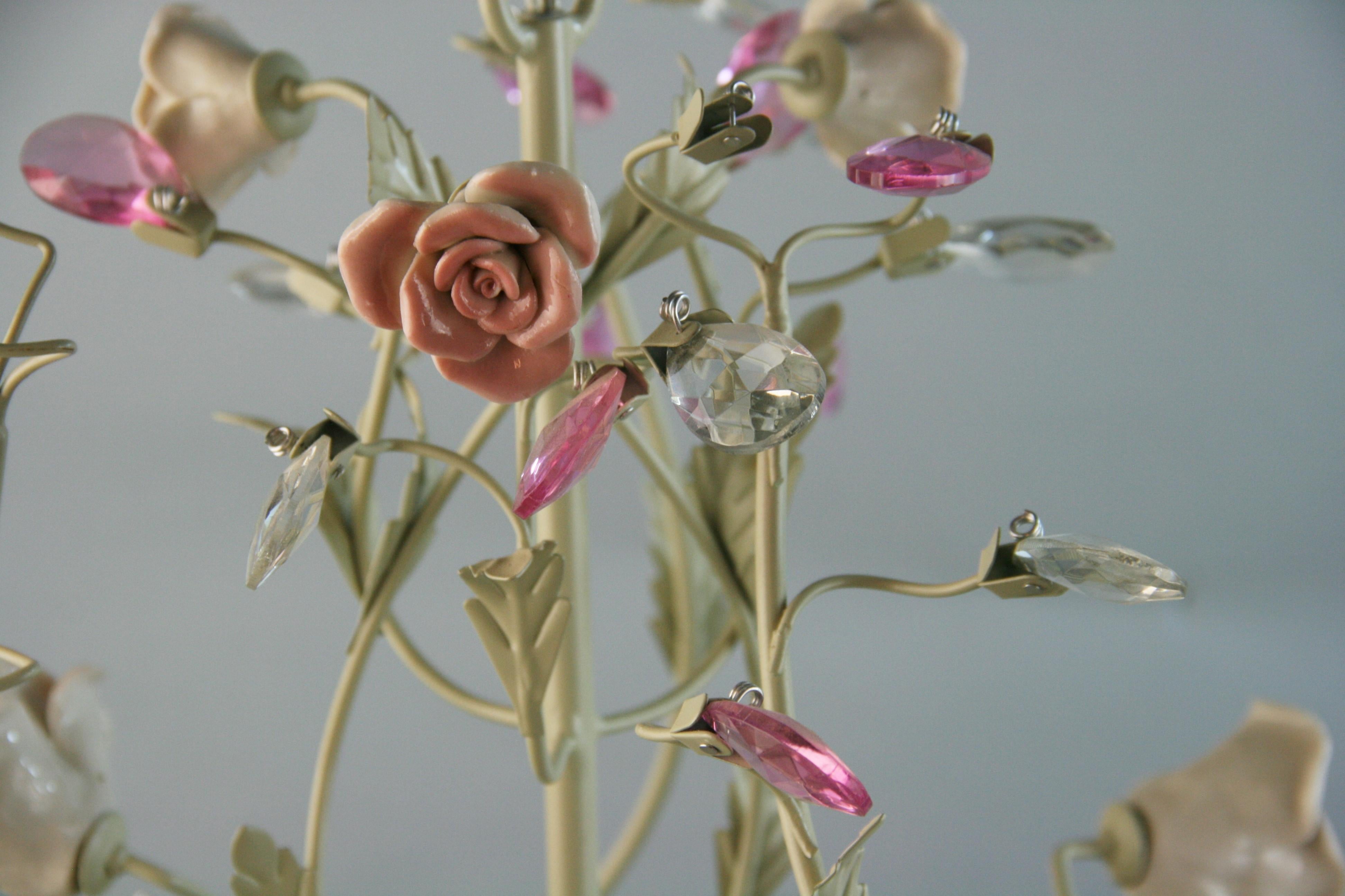 Porcelain Roses and Crystal Flowers Six Light Chandelier 2