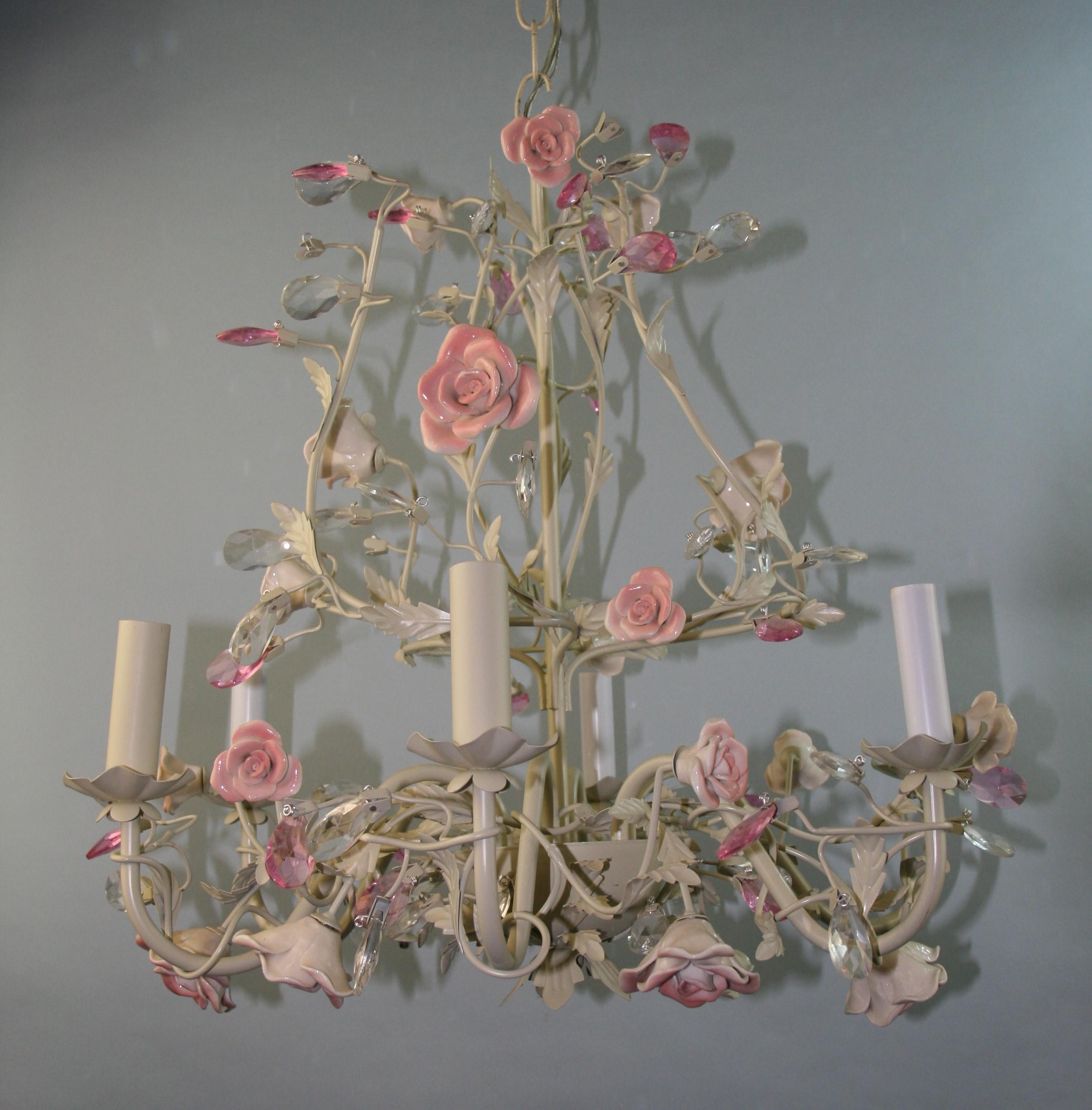 Porcelain Roses and Crystal Flowers Six Light Chandelier 3