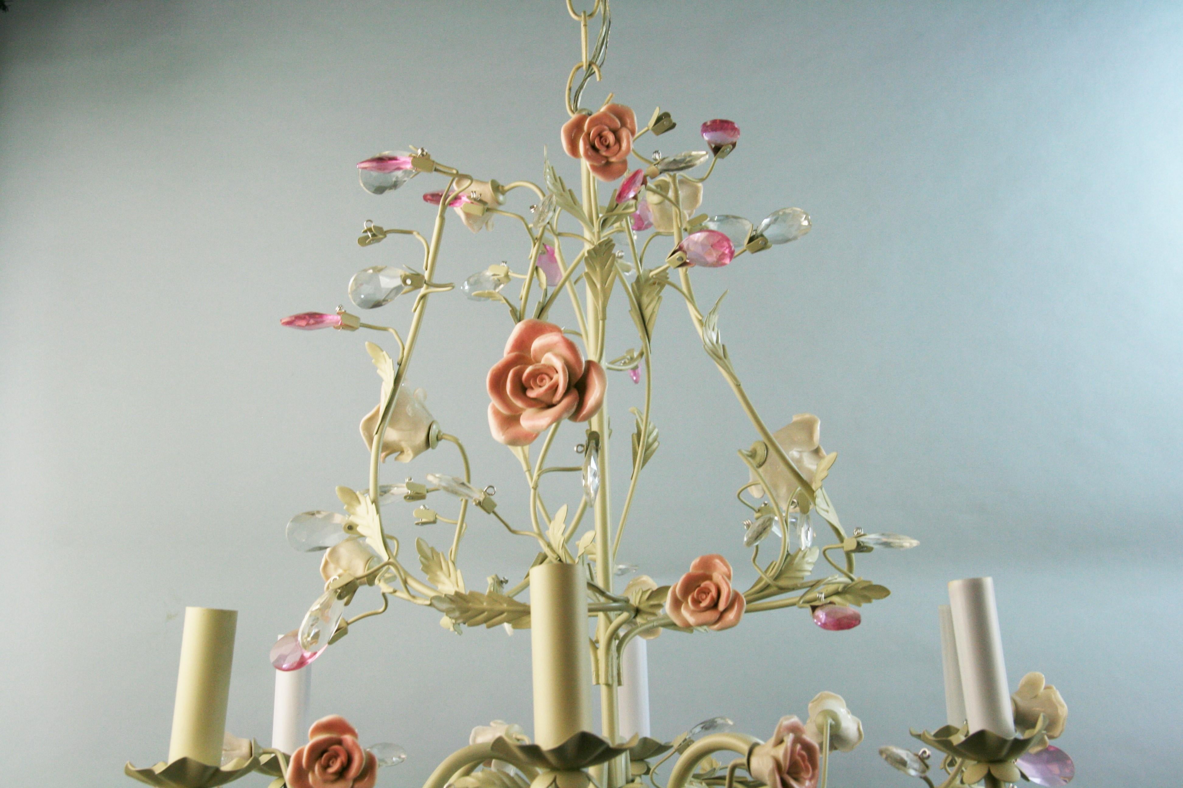 Porcelain Roses and Crystal Flowers Six Light Chandelier 4