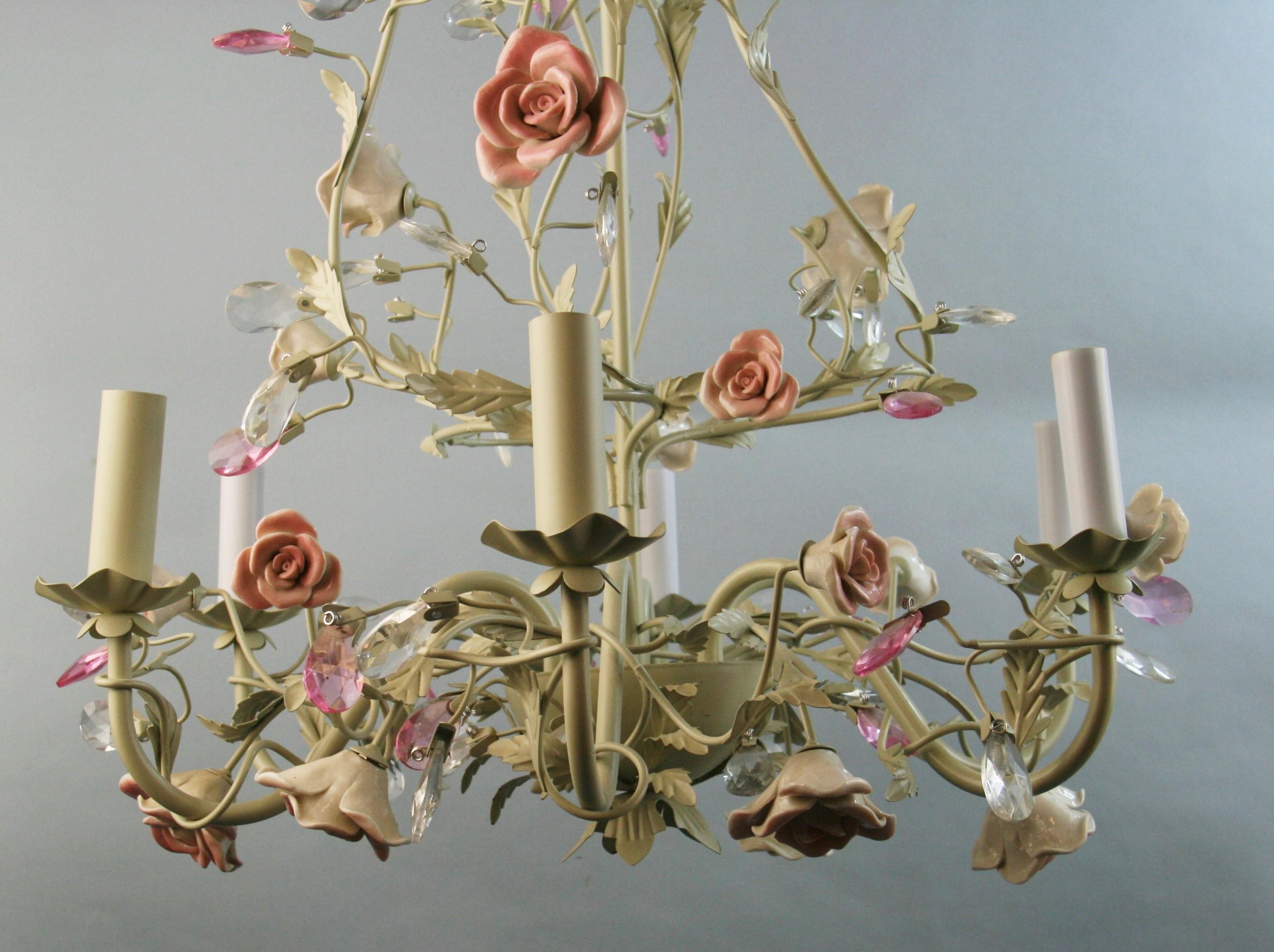 Porcelain Roses and Crystal Flowers Six Light Chandelier 5