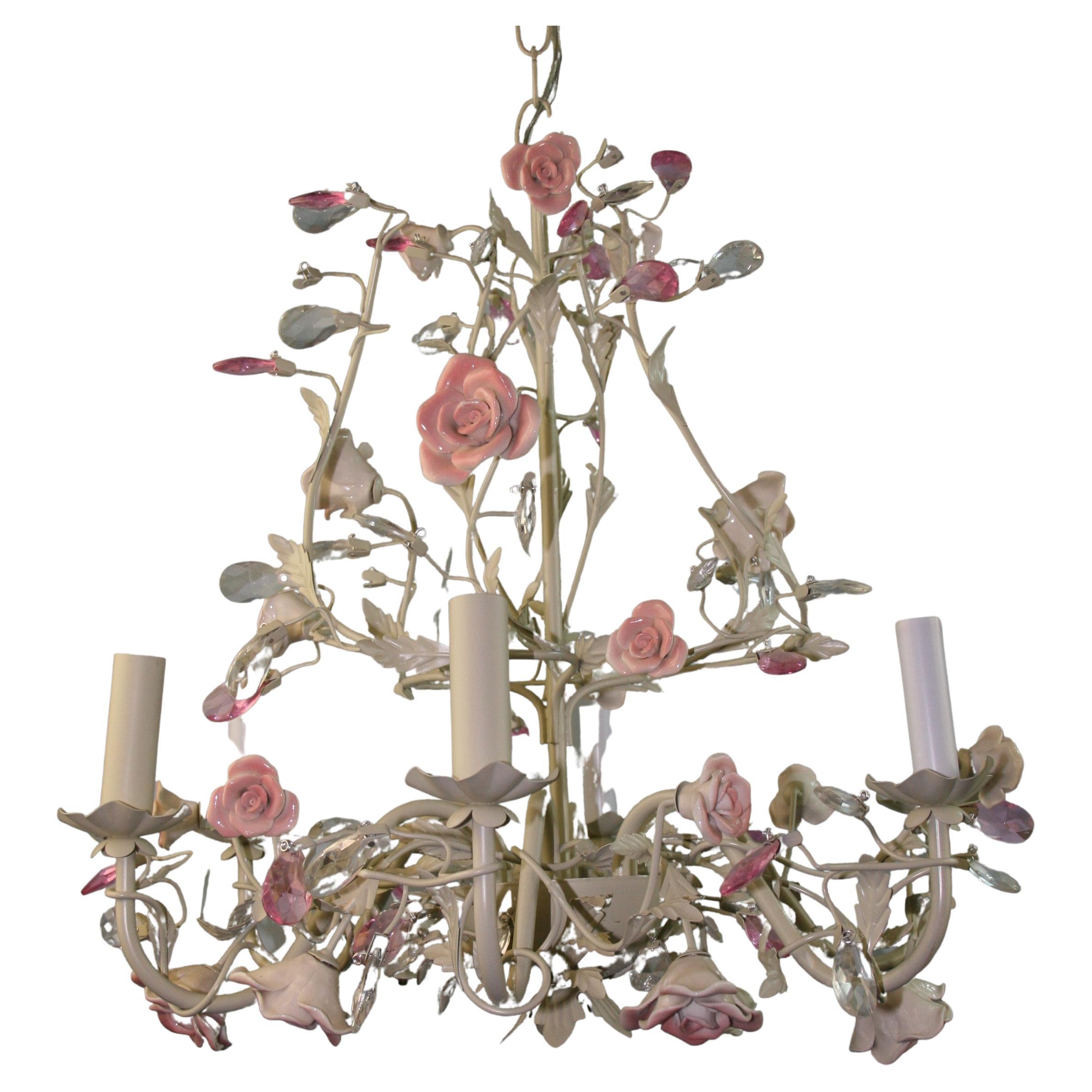 Porcelain Roses and Crystal Flowers Six Light Chandelier