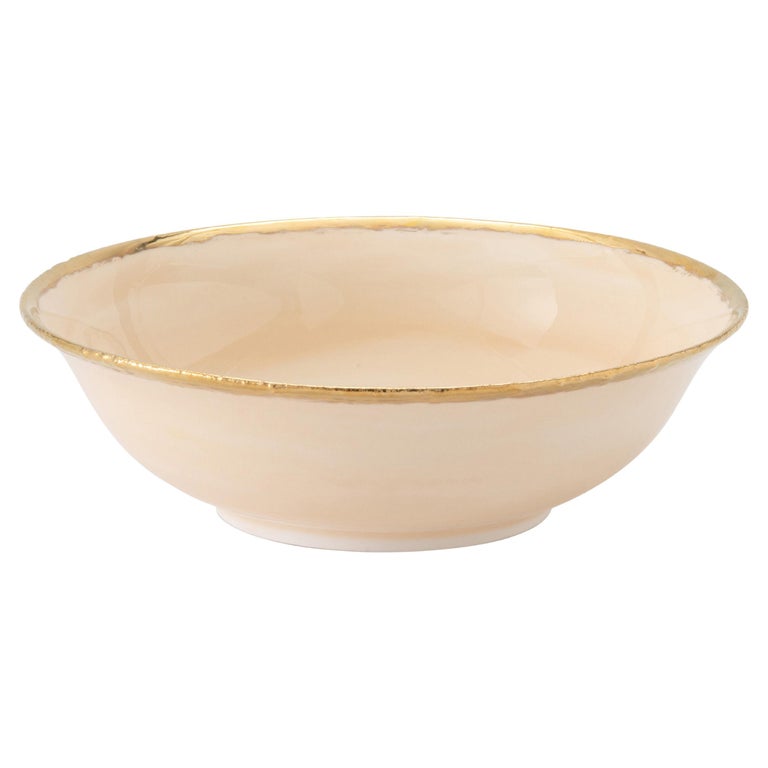 Porcelain Salad Bowl Cream Enamel Golden Edge Hand Painted Made in