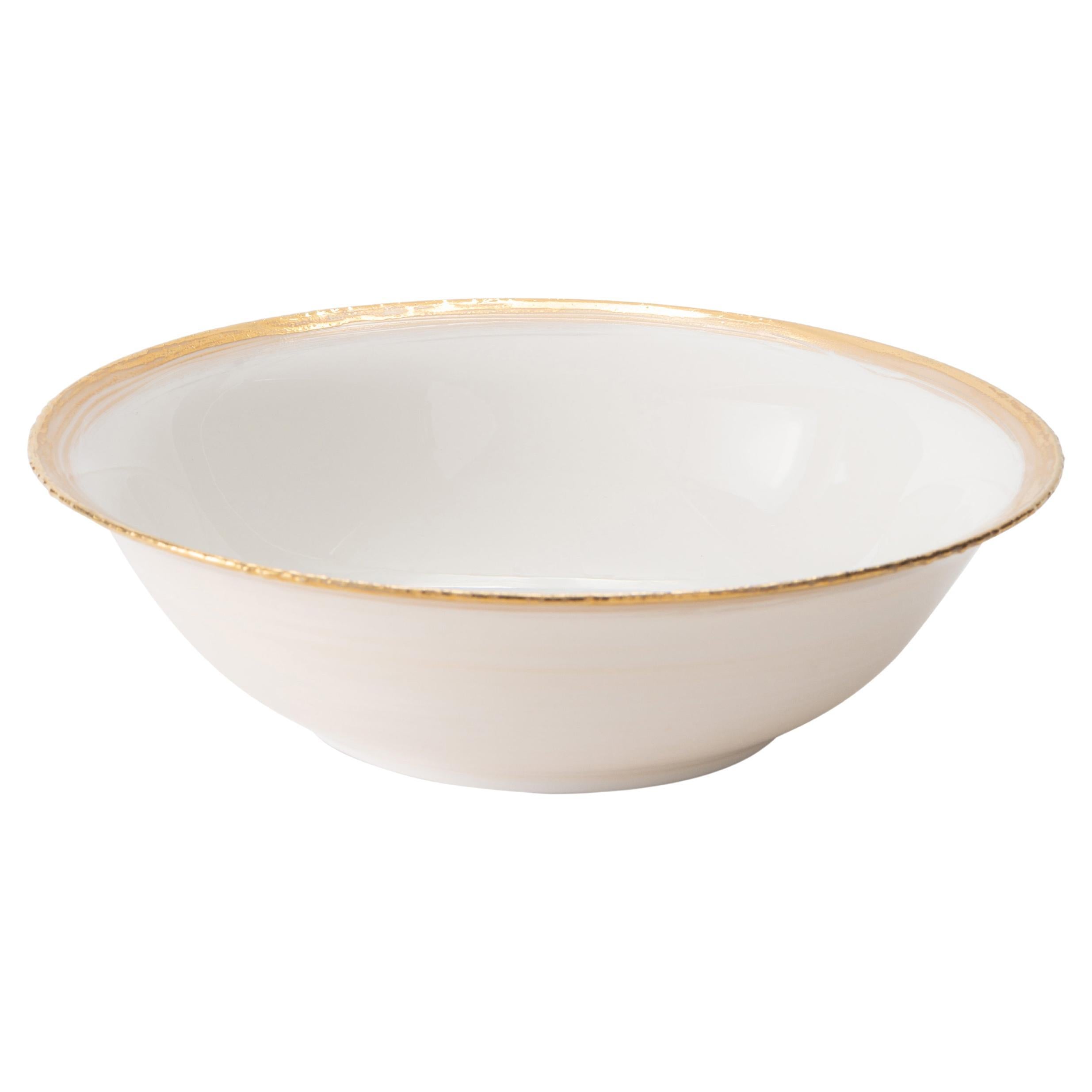 Porcelain Salad Bowl White Enamel Golden Edge Hand Painted Made in Italy For Sale