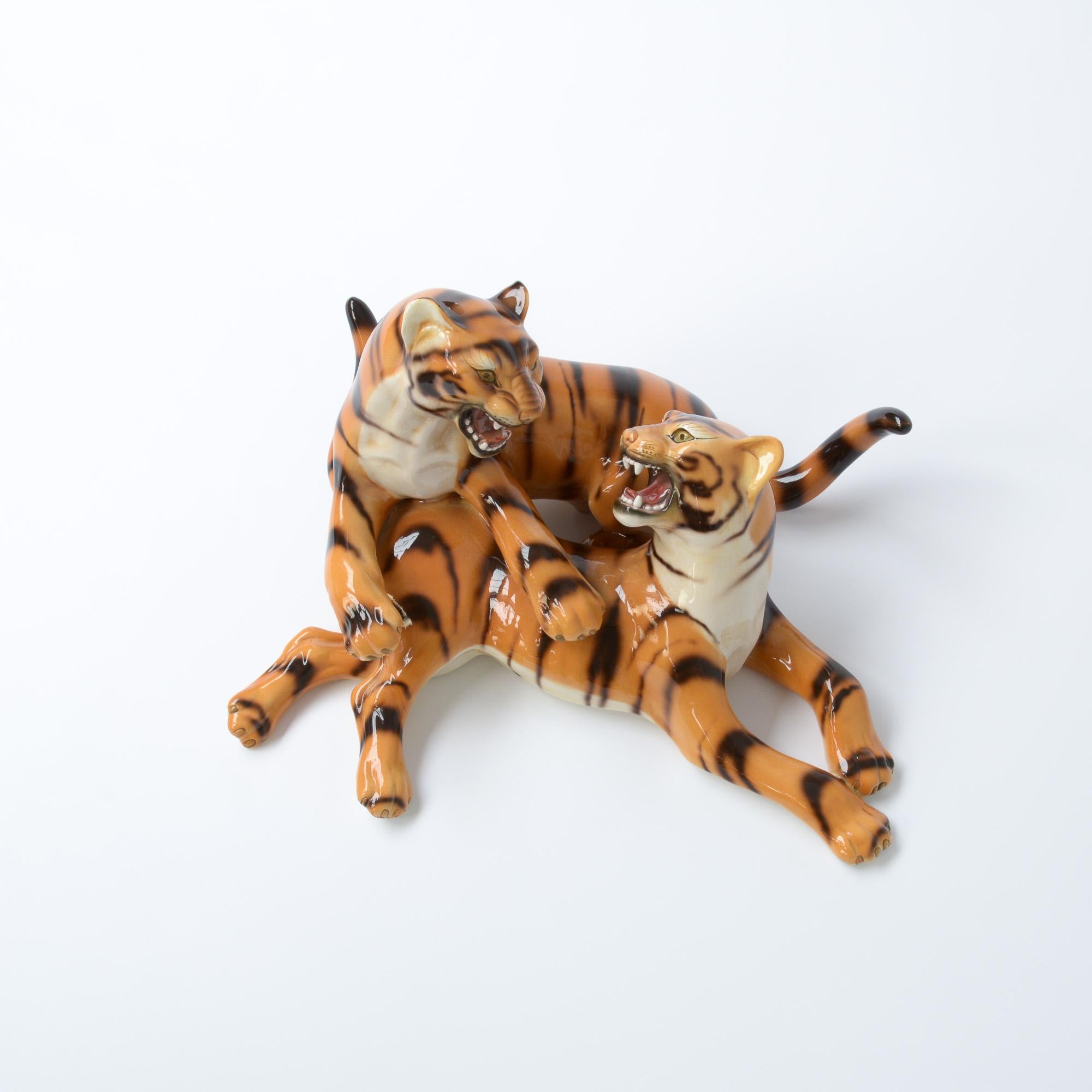 Mid-Century Modern Porcelain Sculpture of Playing Tigers by Ronzan, Italy