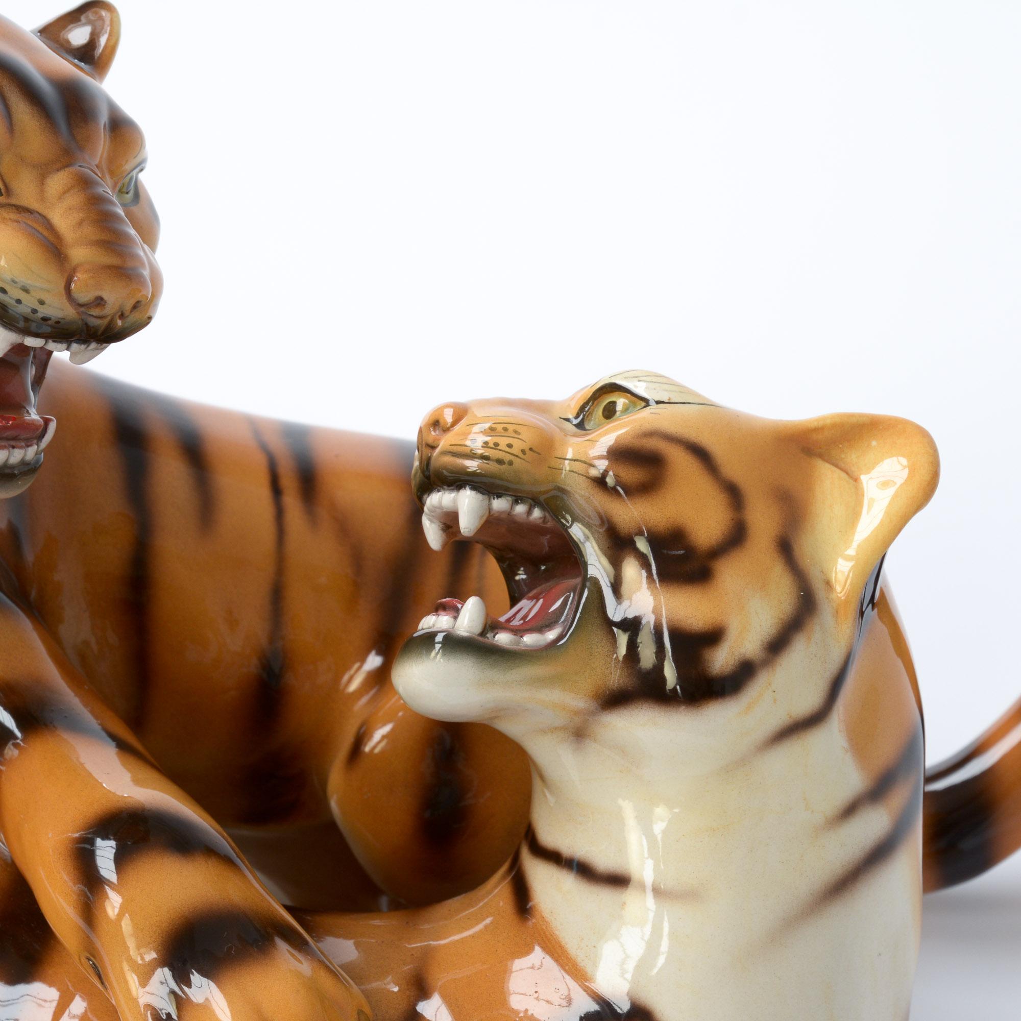 Hand-Painted Porcelain Sculpture of Playing Tigers by Ronzan, Italy