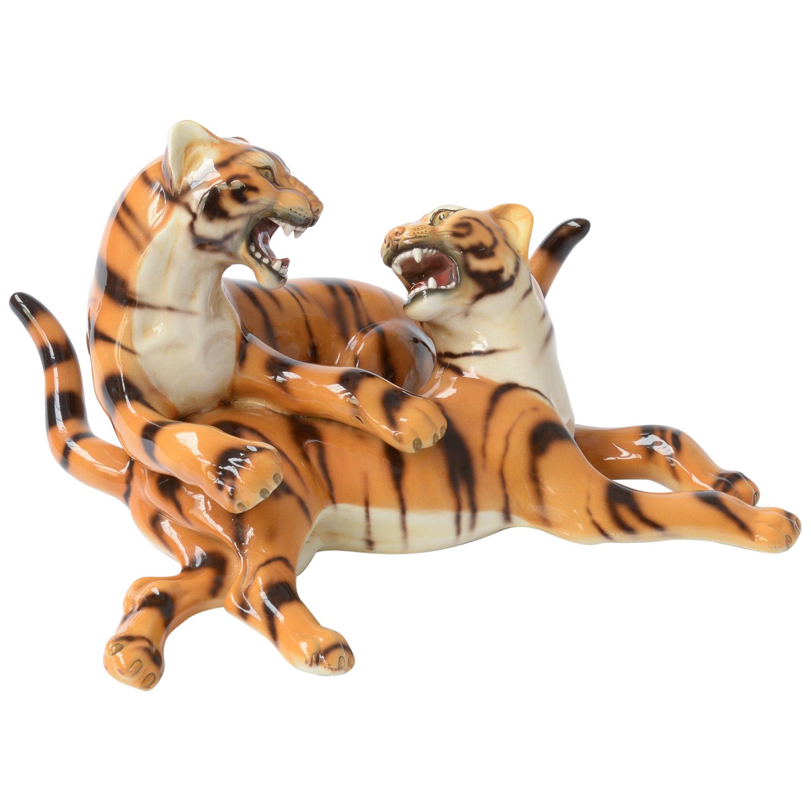 Porcelain Sculpture of Playing Tigers by Ronzan, Italy