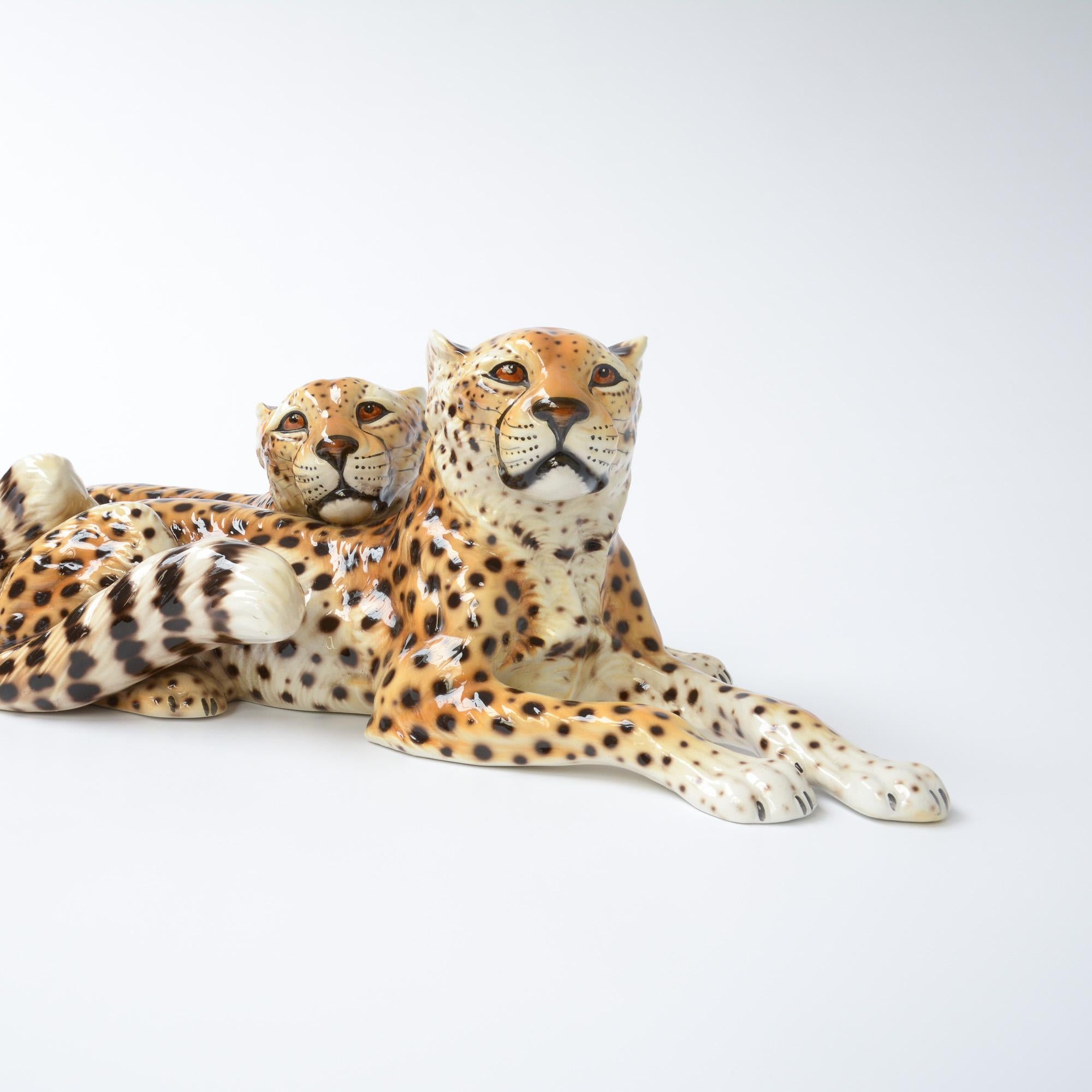 Mid-Century Modern Porcelain Sculpture of Reclining Cheetahs by Ronzan, Italy