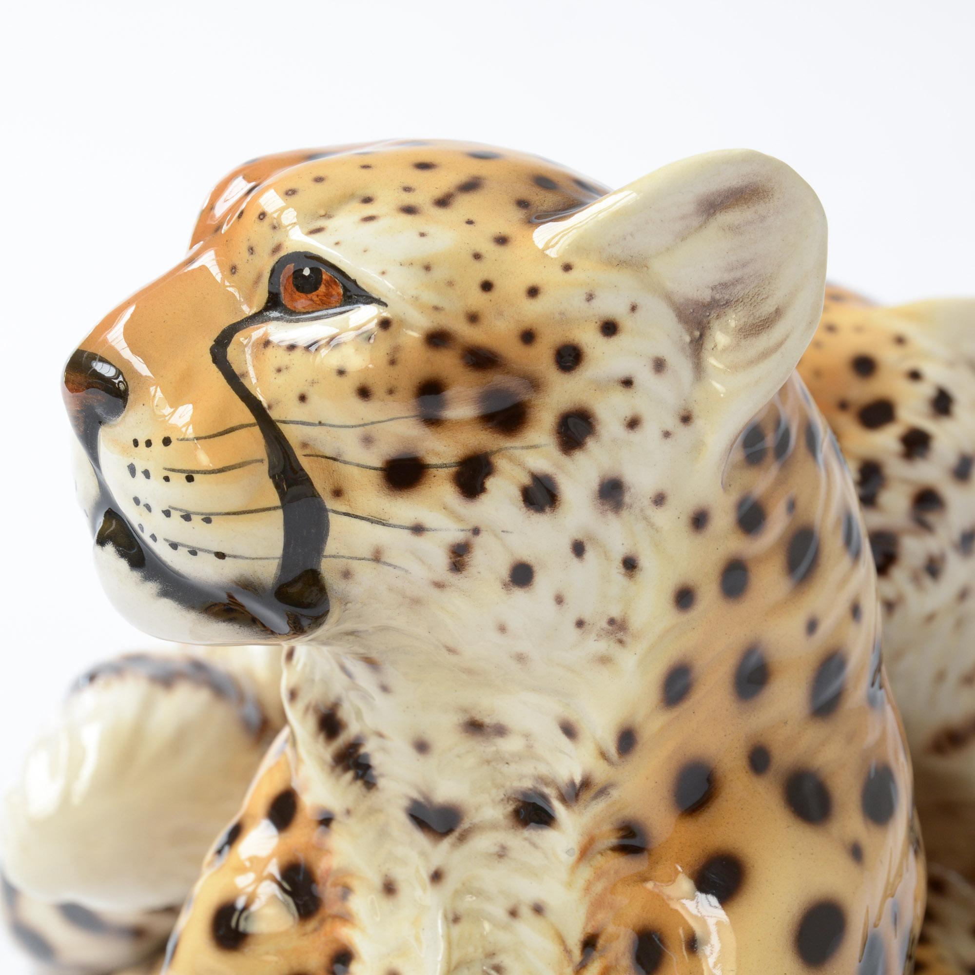 Hand-Painted Porcelain Sculpture of Reclining Cheetahs by Ronzan, Italy