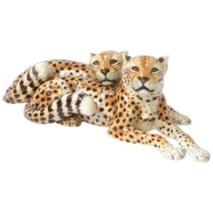 Retro Porcelain Sculpture of Reclining Cheetahs by Ronzan, Italy