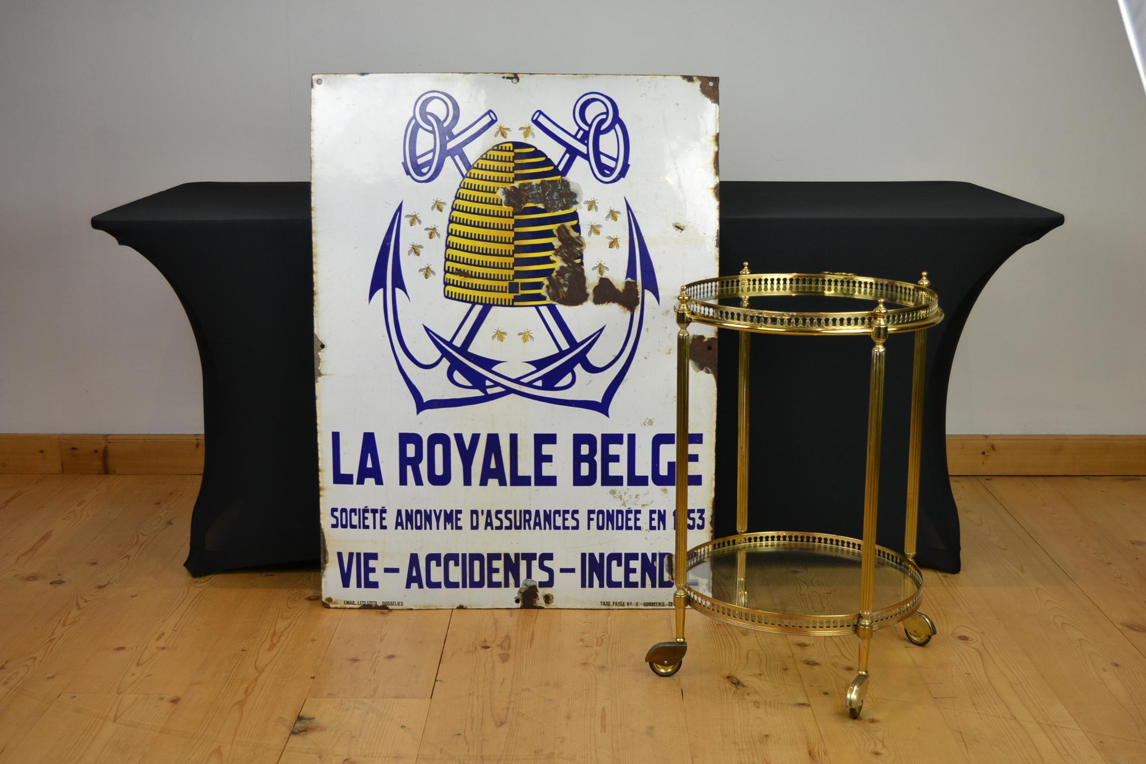 Large vintage sign with a beehive and lots of bees. This porcelain sign was made in 1946 for the insurance company ' La Royale Belge ' which was founded in 1853. Beside the Bees and the beehive you also see two large blue anchors on the sign. This