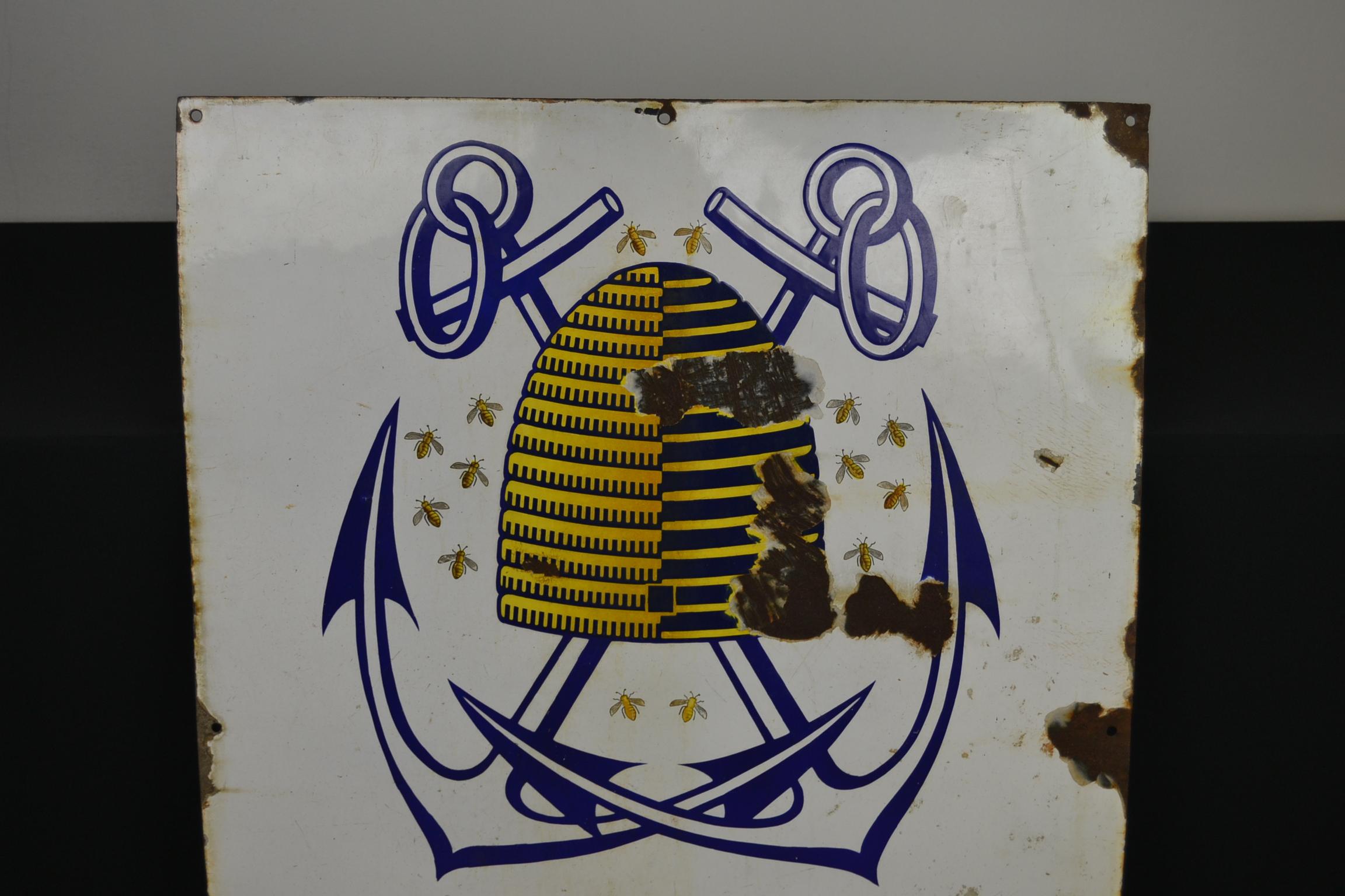 Belgian Porcelain Sign with Beehive and Bees, 1946, Belgium