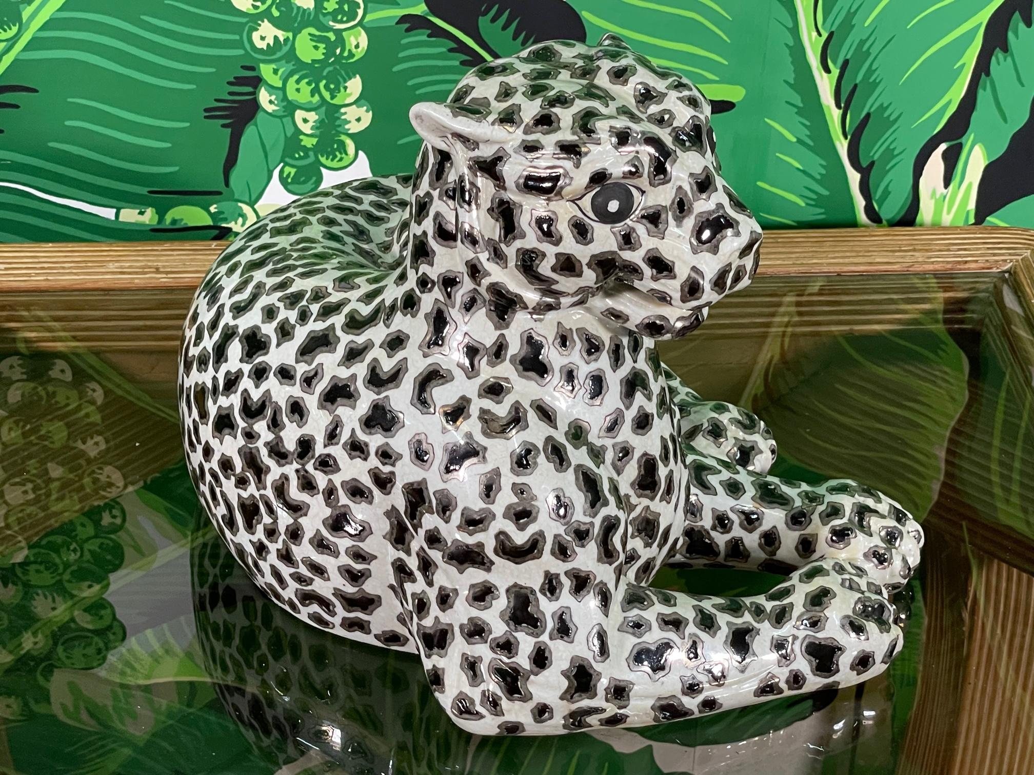 Hollywood Regency Porcelain Silver and Black Leopard Statue For Sale